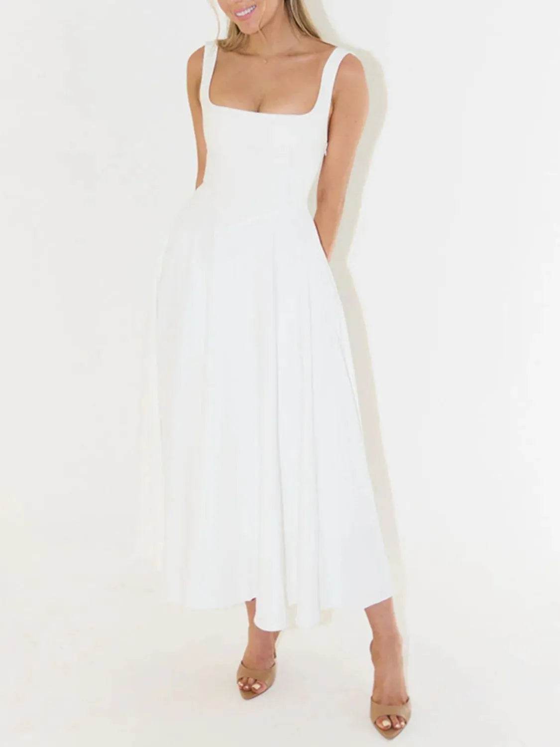 Square Neck Sleeveless Midi Dress - ELY VESSA LLC