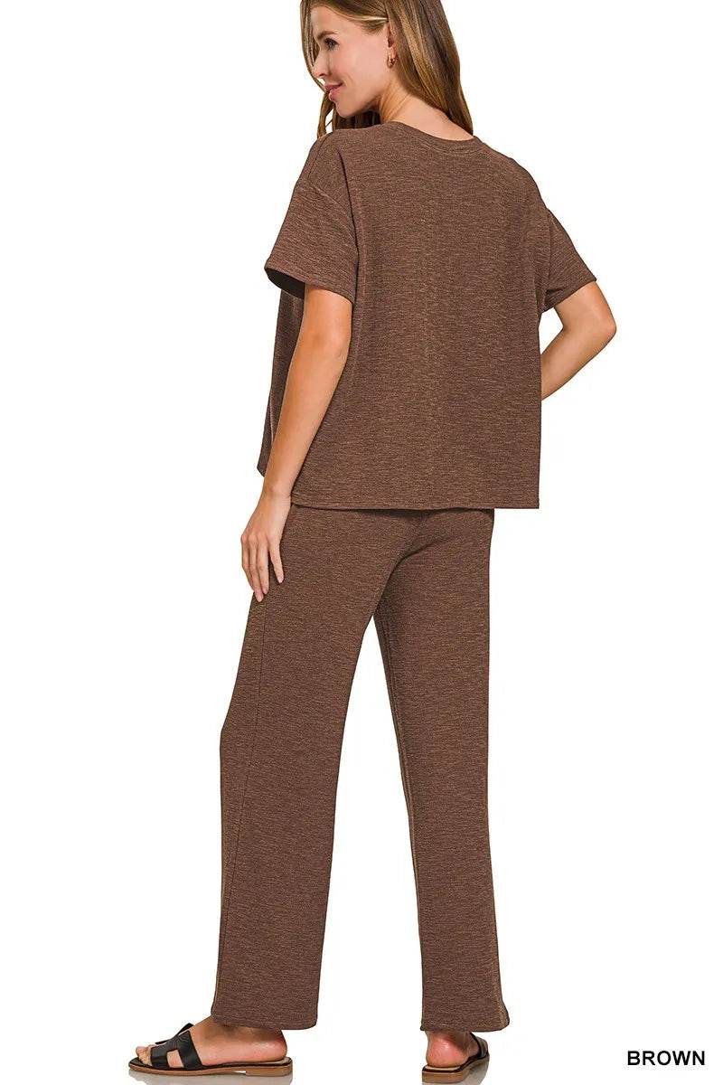 Zenana Slub Short Sleeve T-Shirt and Pants Set - ELY VESSA LLC