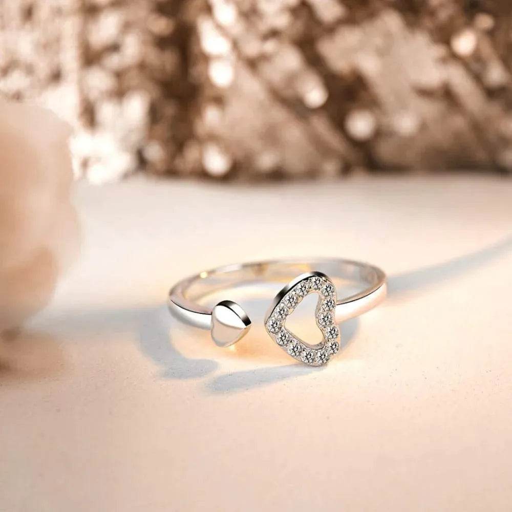 925 Sterling Silver Inlaid Zircon Heart Open Ring - ELY VESSA LLC