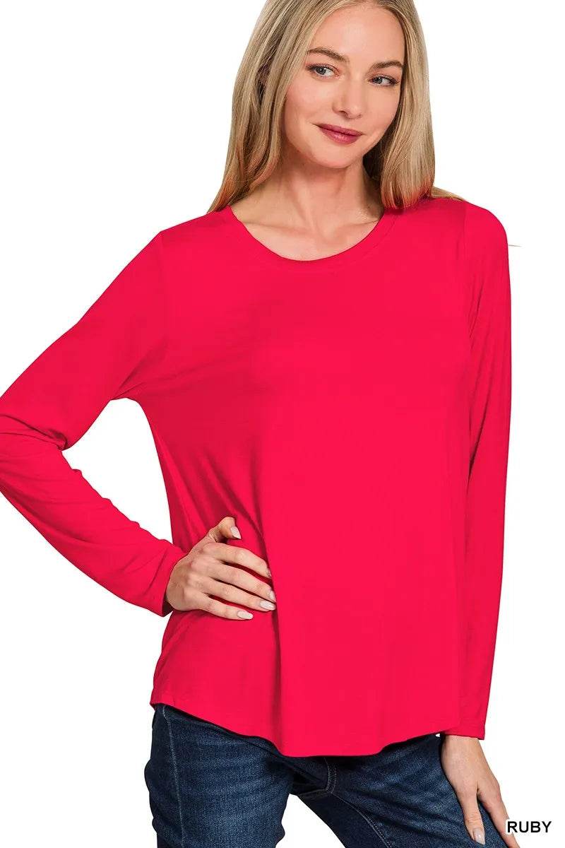 Zenana Flowy Round Hem Rayon Long Sleeve Top - ELY VESSA LLC