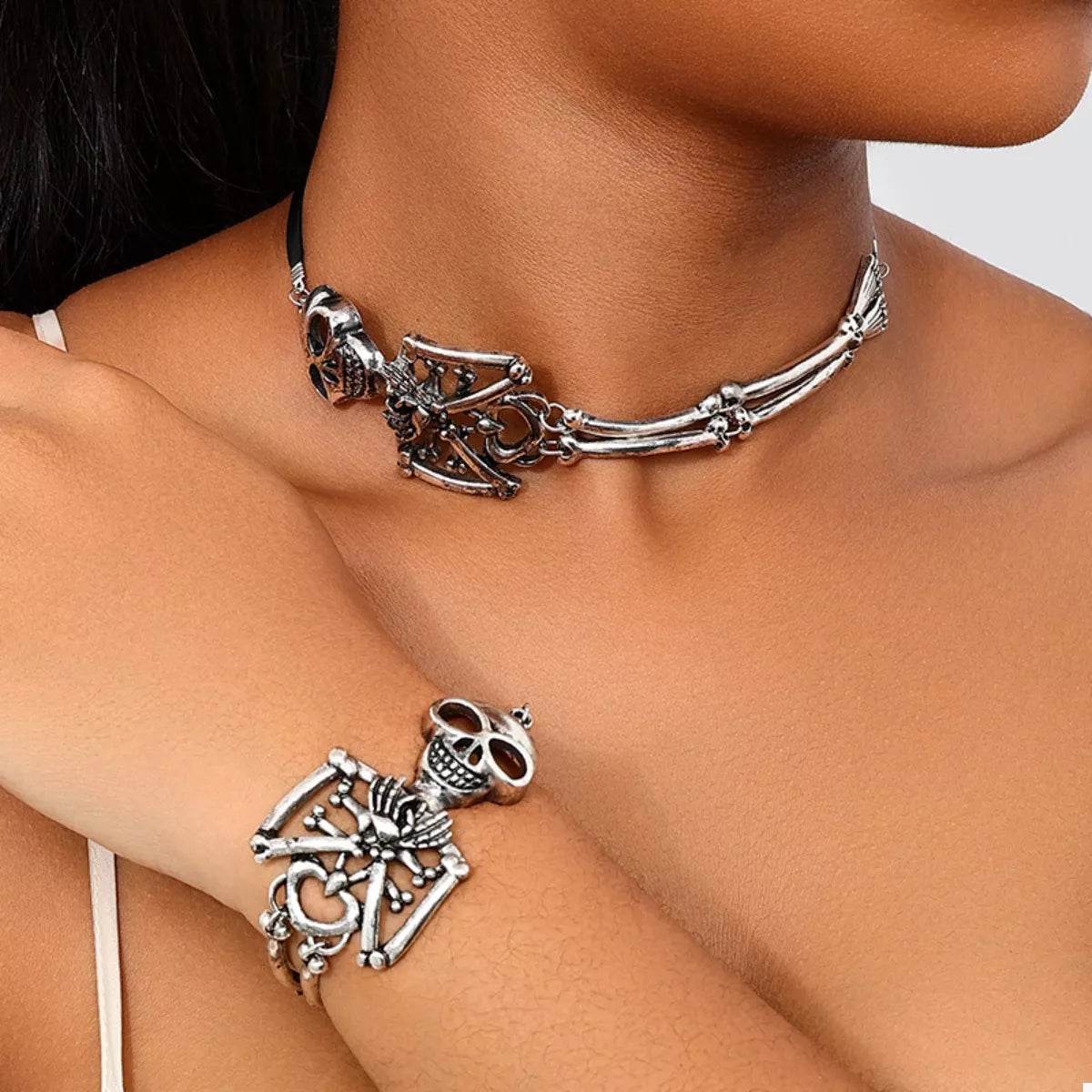Alloy Skull Necklace and Bracelet Jewelry Set - ELY VESSA LLC