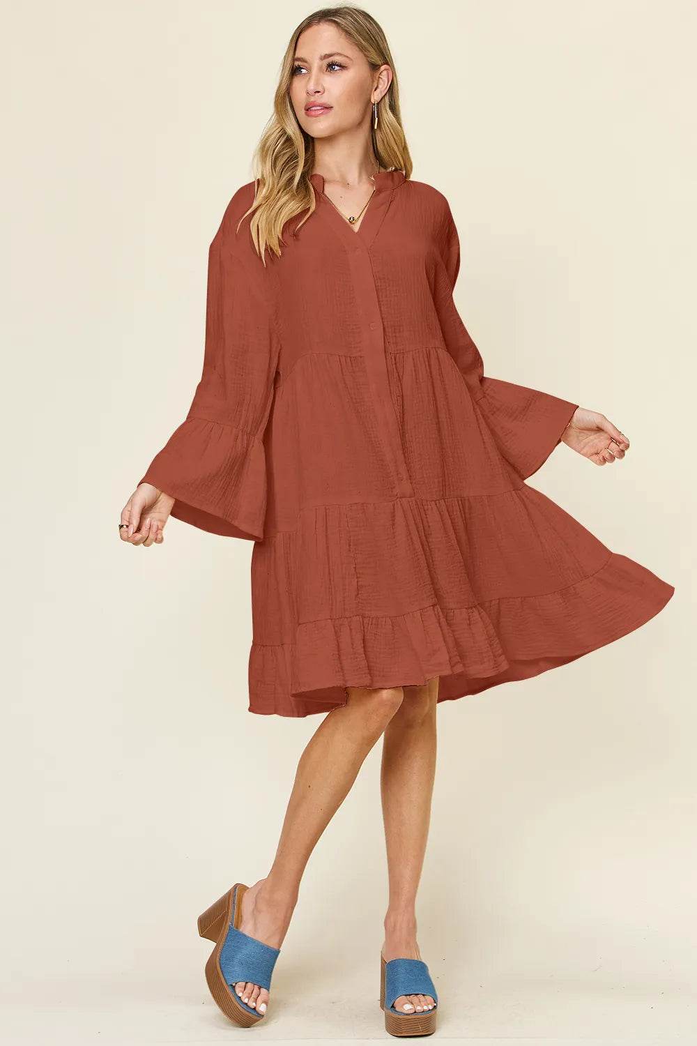 Double Take Full Size Texture Button Up Ruffle Hem Dress - ELY VESSA LLC