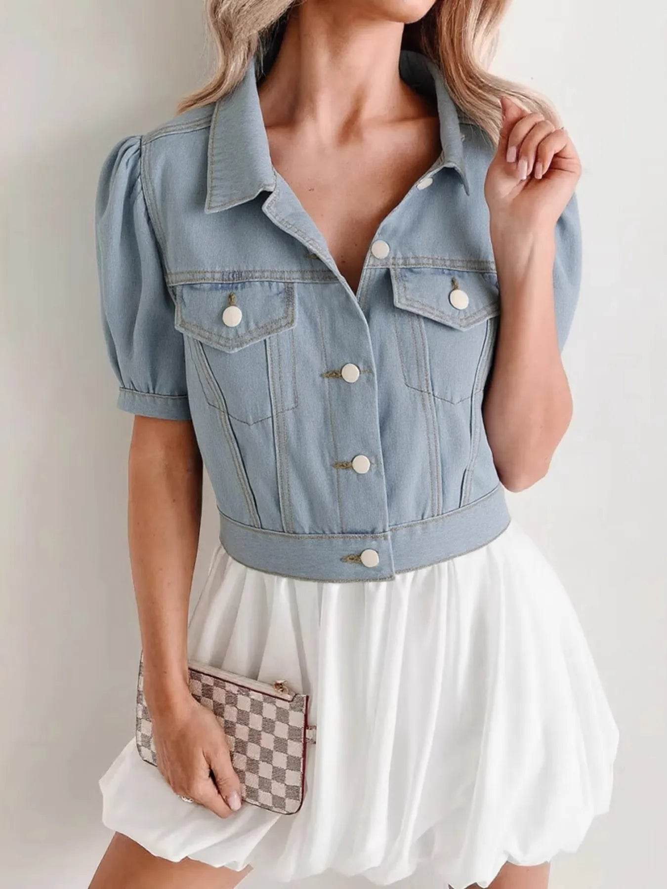 Button Up Puff Sleeve Cropped Denim Jacket - ELY VESSA LLC