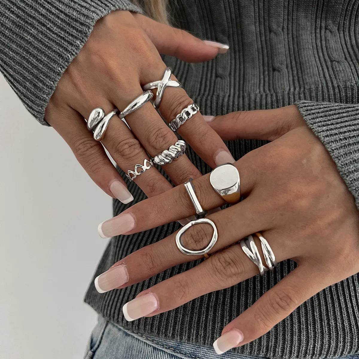 10-Piece Alloy Geometric Ring - ELY VESSA LLC