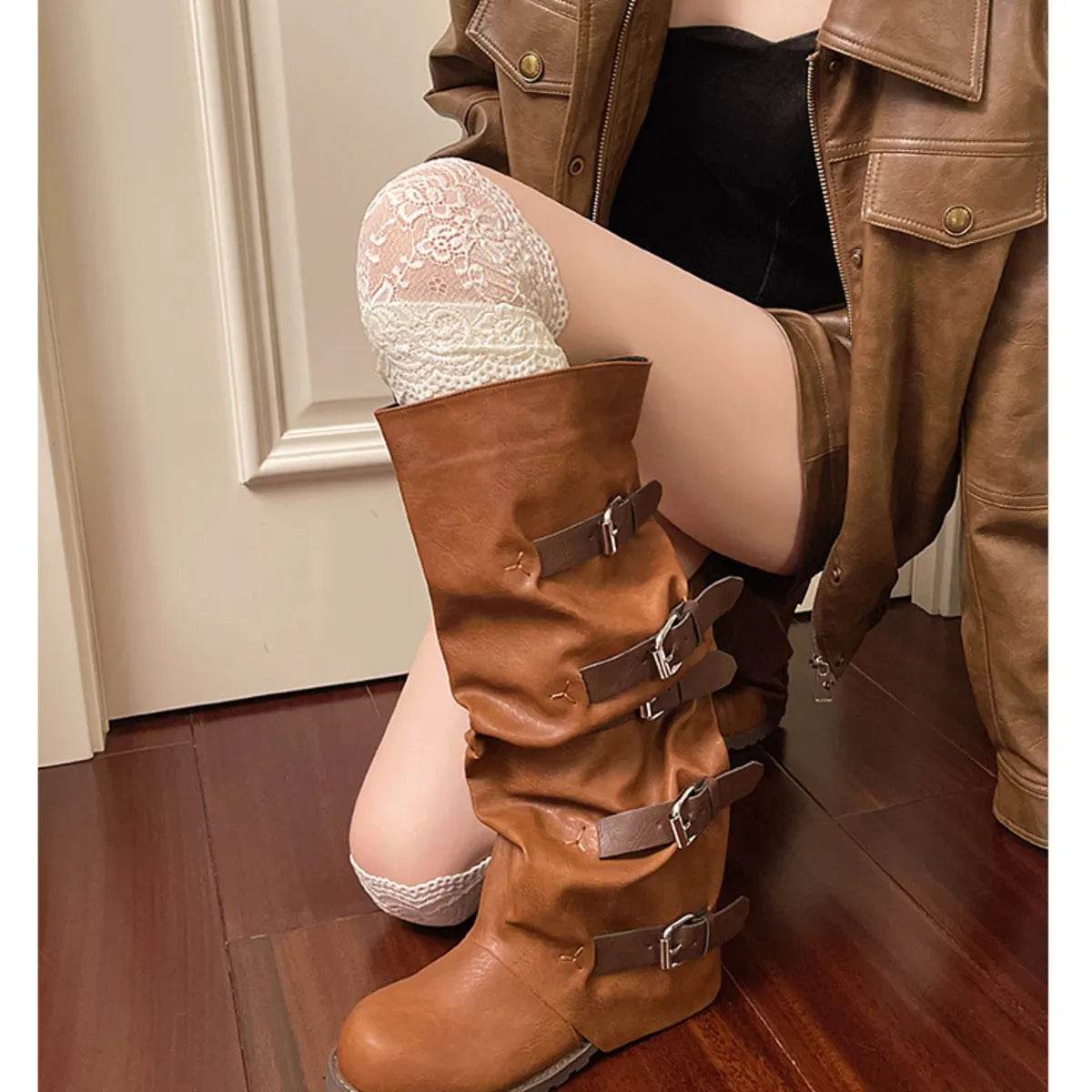 Multi-Buckle Knee-High Boots - ELY VESSA LLC