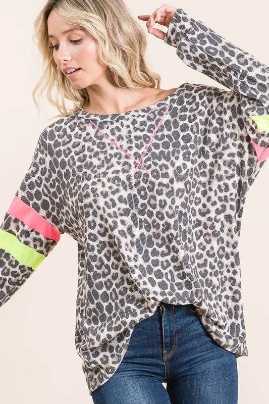 BiBi Leopard Thermal Top with Contrast Color Block - ELY VESSA LLC
