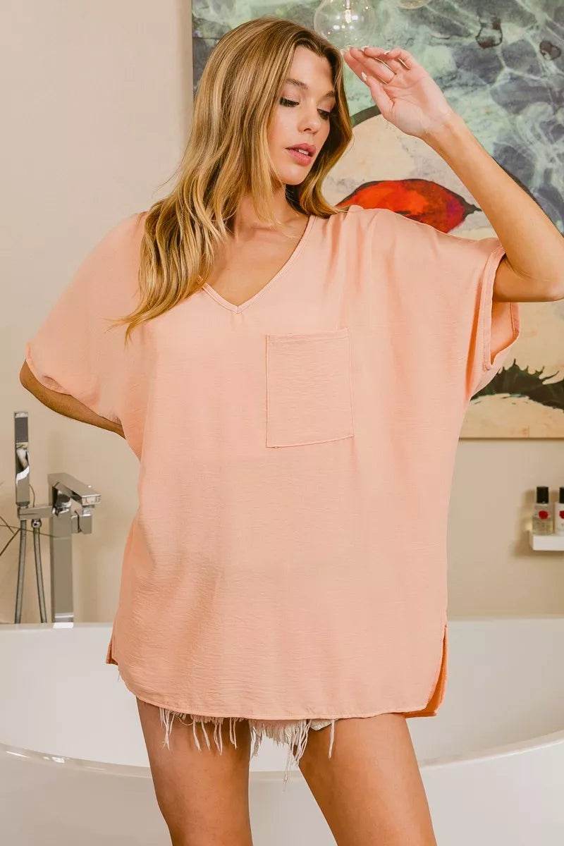 BiBi Woven V Neck Hi-low Boxy Top With Front Pocket - ELY VESSA LLC