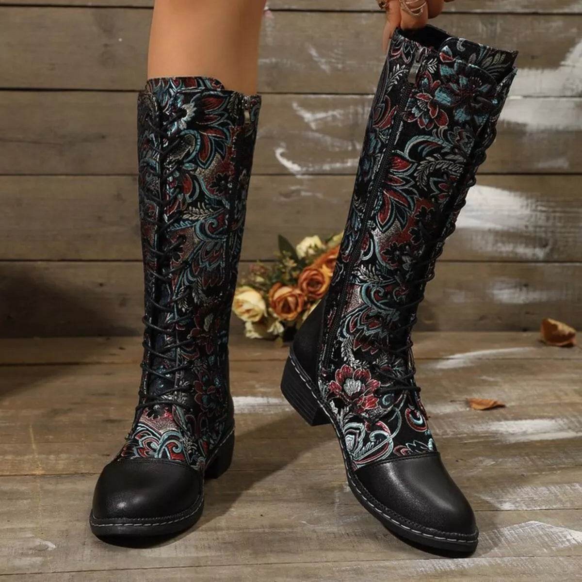 Lace Up Block Heels Boots - ELY VESSA LLC