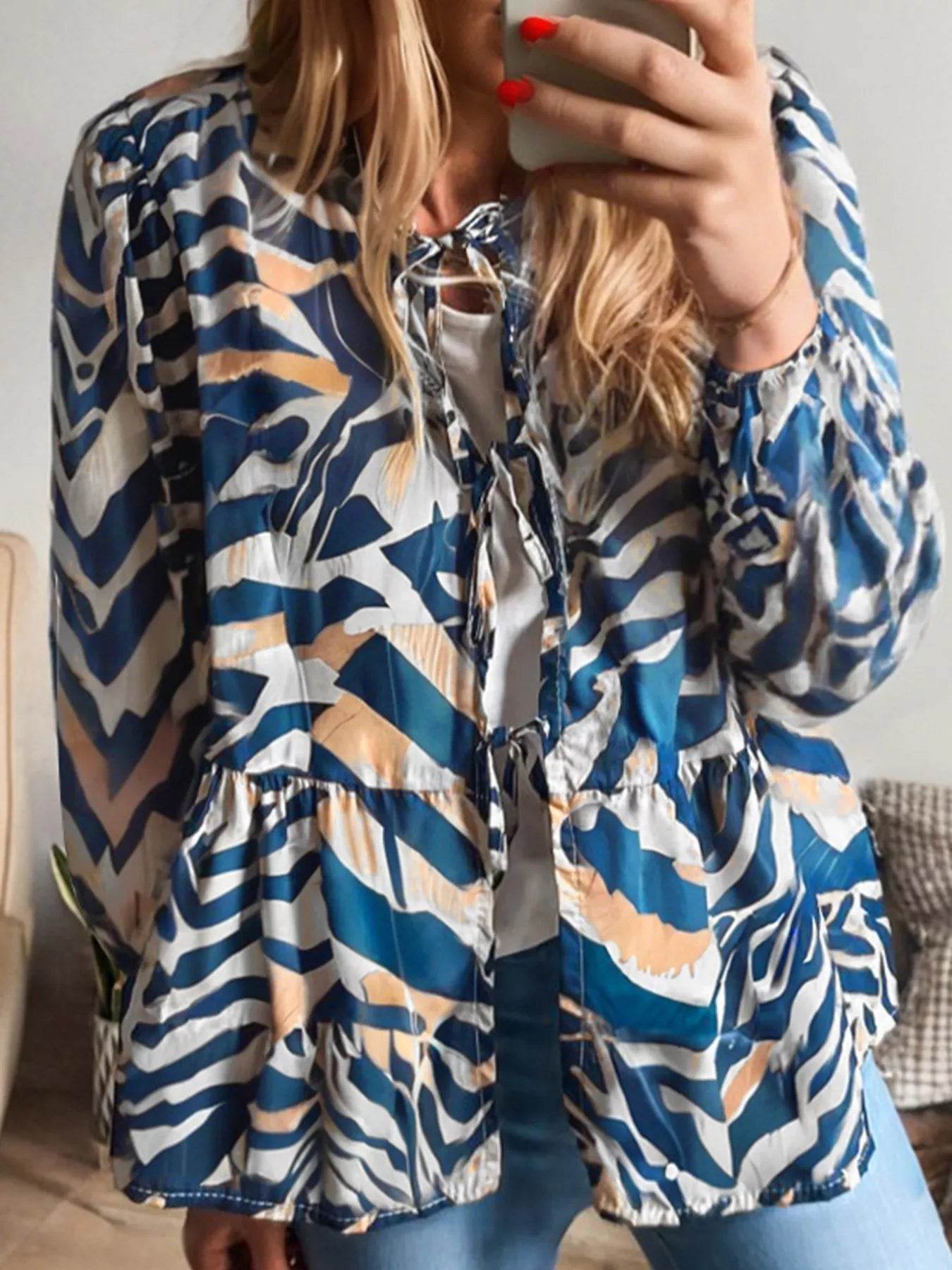 Zebra Print Tied Front Puff Sleeve Top - ELY VESSA LLC