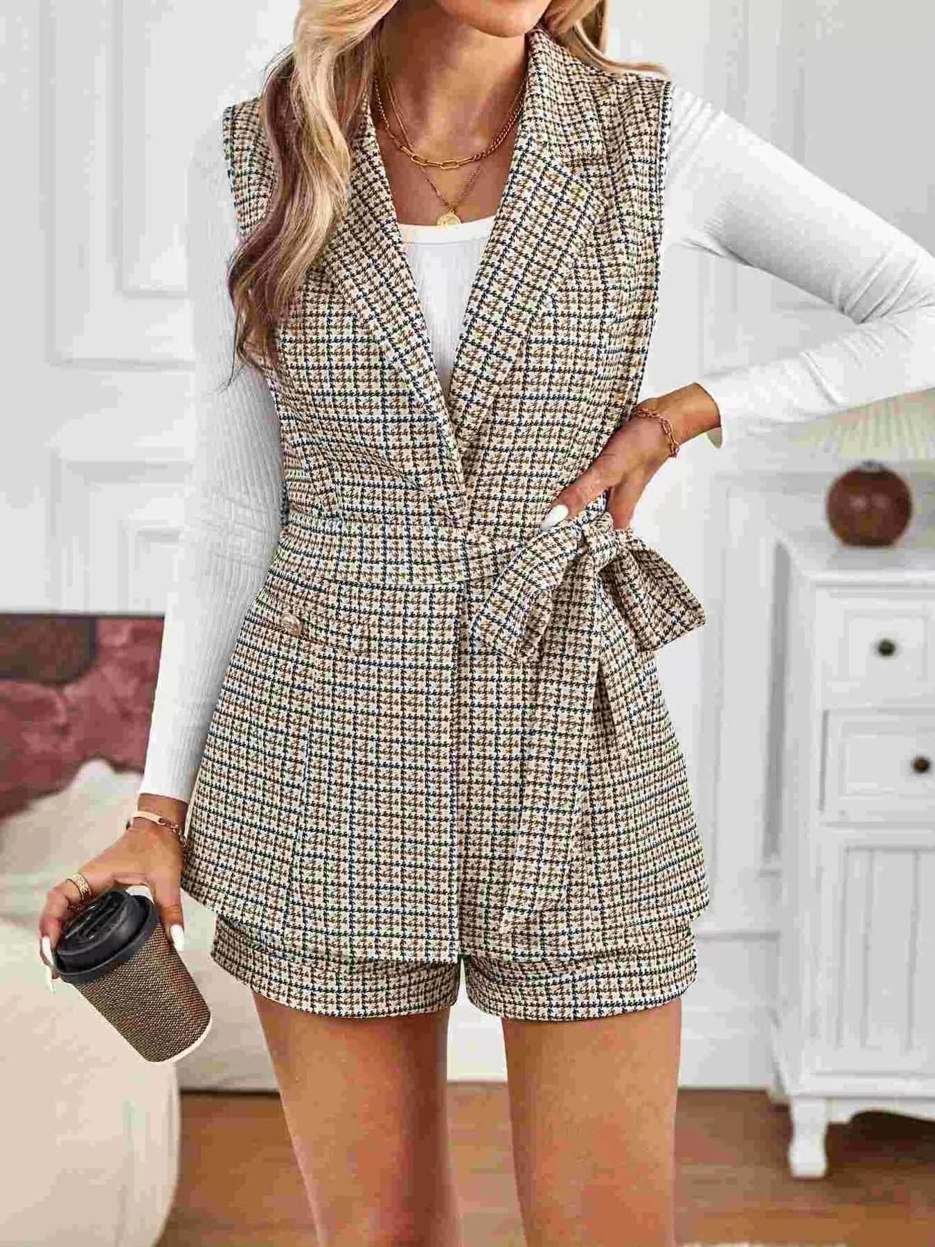 Houndstooth Lapel Collar Vest Coat and Shorts Set - ELY VESSA LLC
