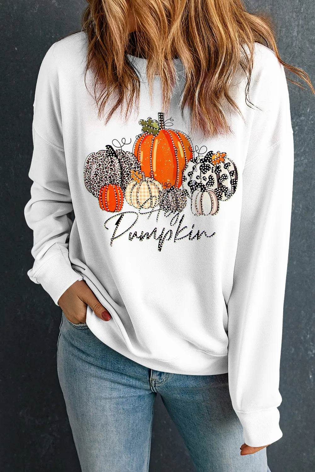 Pumpkin Graphic Round Neck Dropped Shoulder Sweatshirt - ELY VESSA LLC