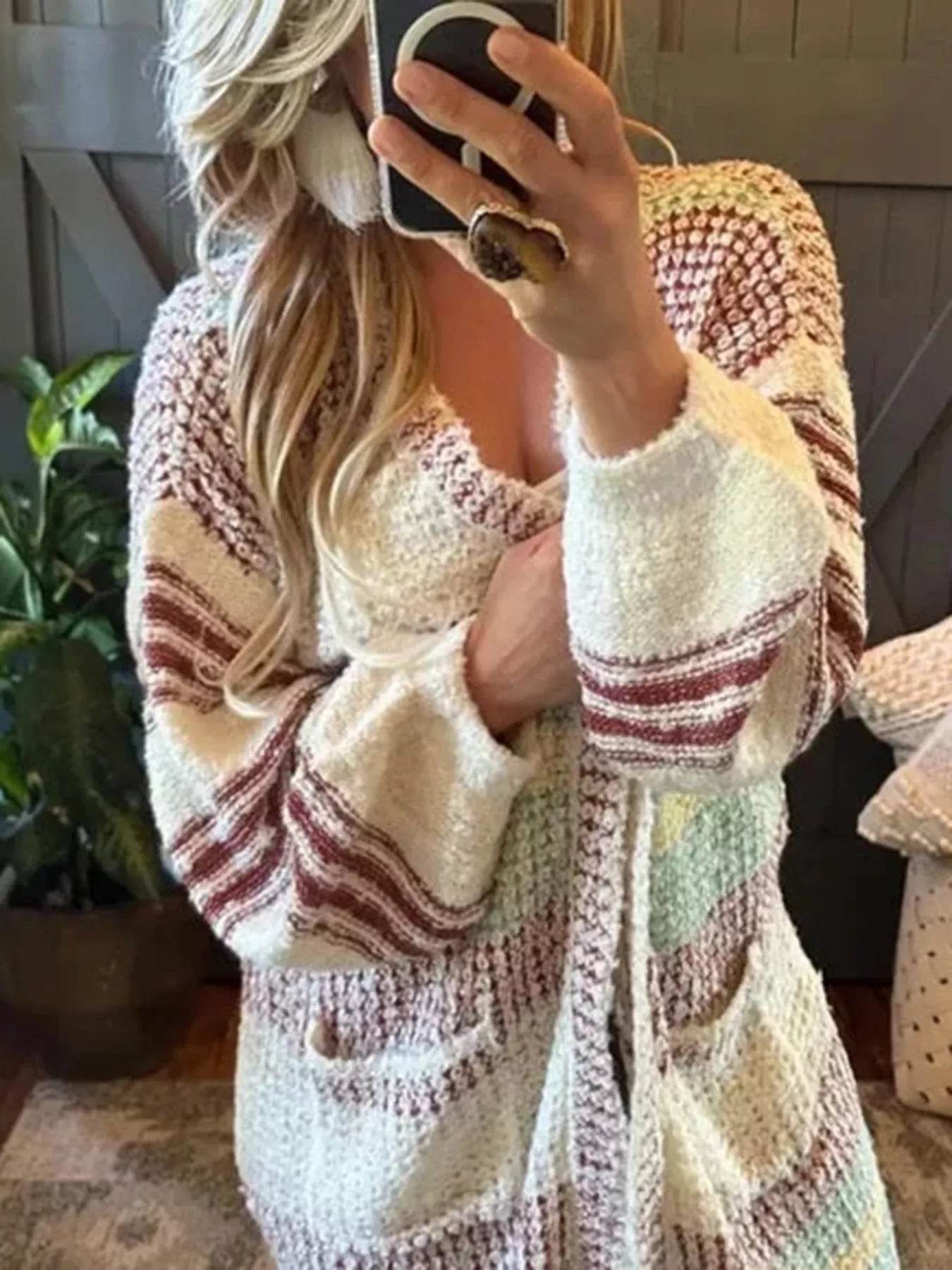 Striped Open Front Longline Cardigan - ELY VESSA LLC