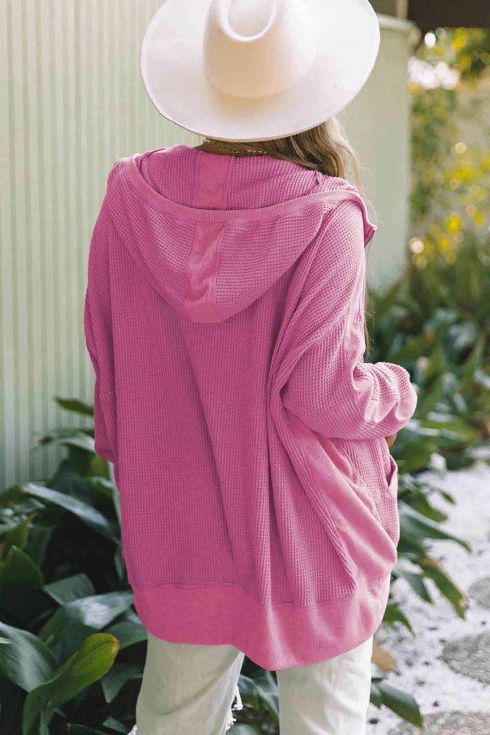 Waffle-Knit Pocketed Zip Up Hooded Jacket - ELY VESSA LLC