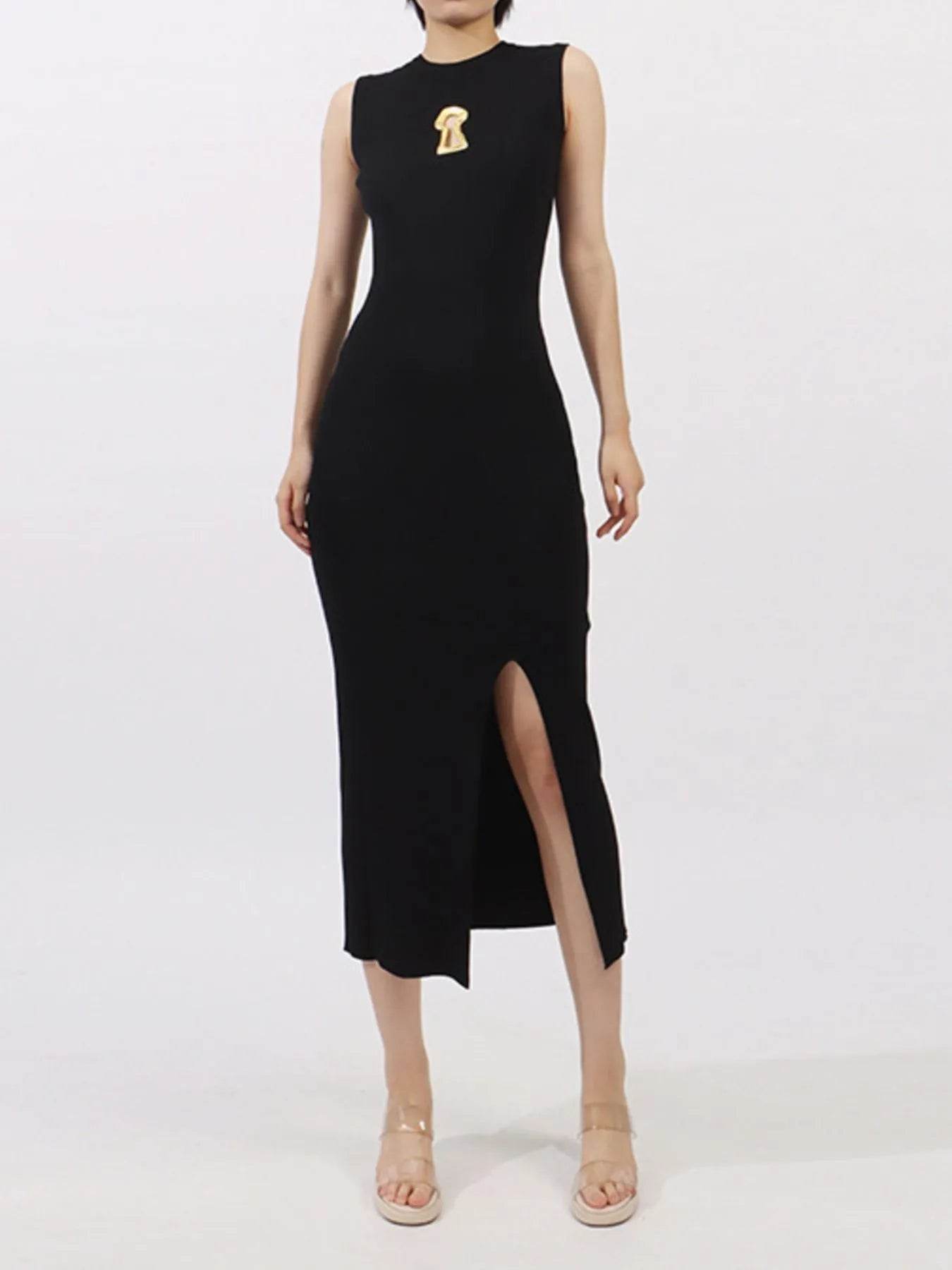 Slit Round Neck Sleeveless Dress - ELY VESSA LLC