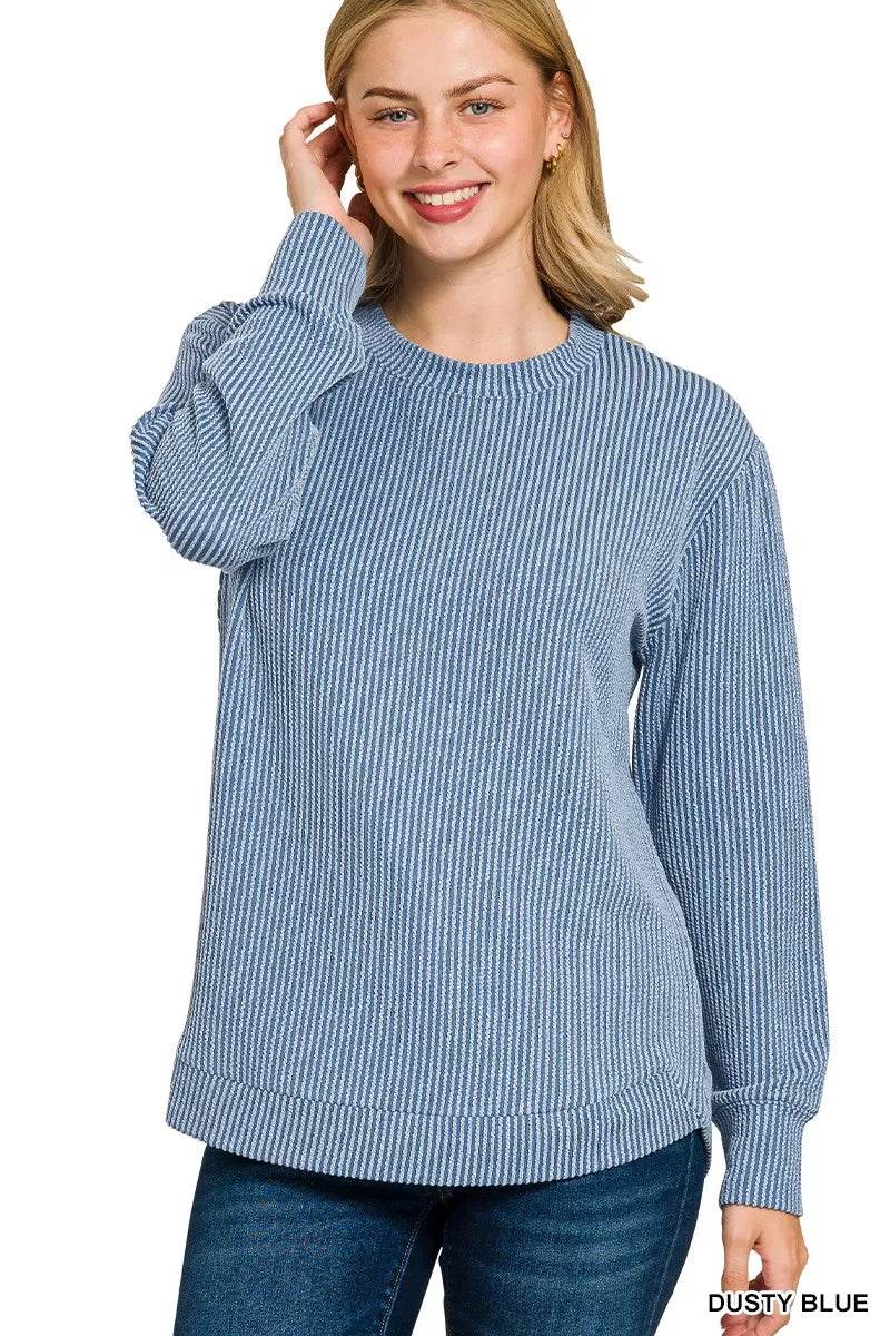 Zenana Full Size Raised Rib Round Neck Long Sleeve Top Plus Size - ELY VESSA LLC