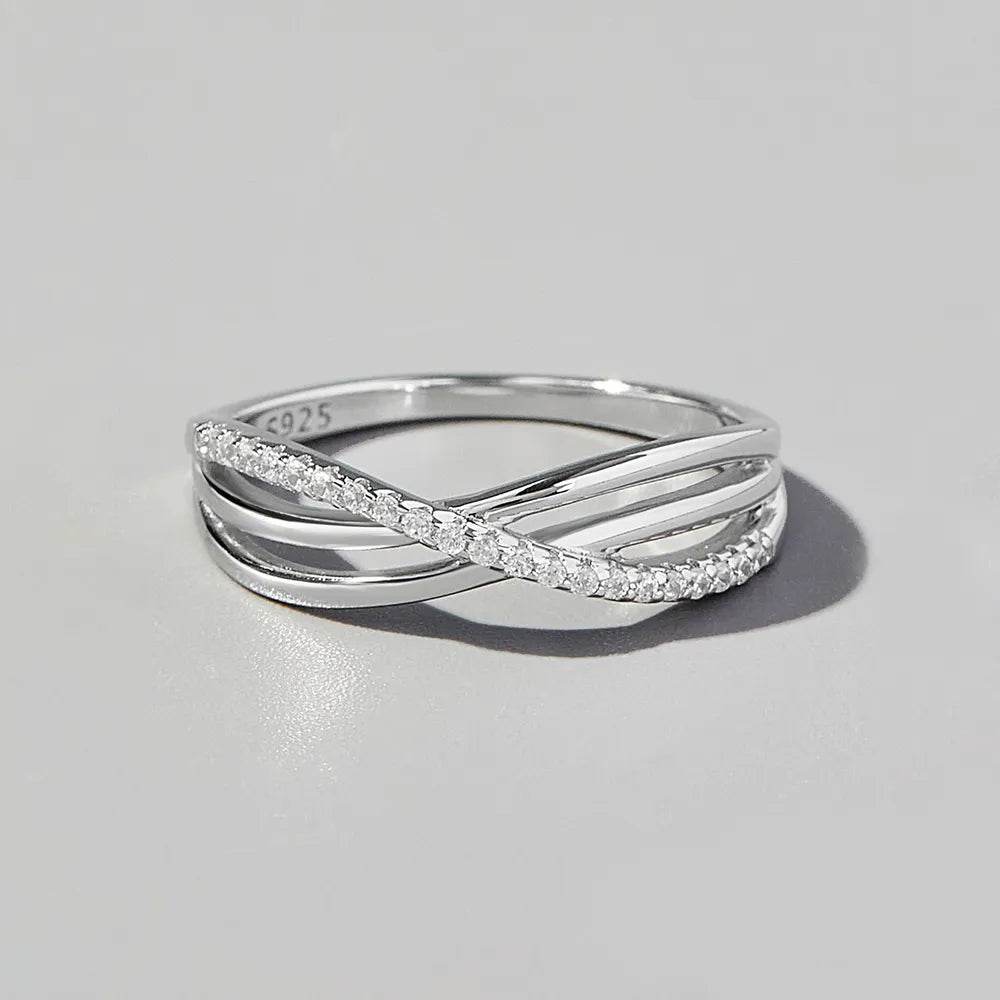 Crisscross Inlaid Zircon 925 Sterling Silver Ring - ELY VESSA LLC