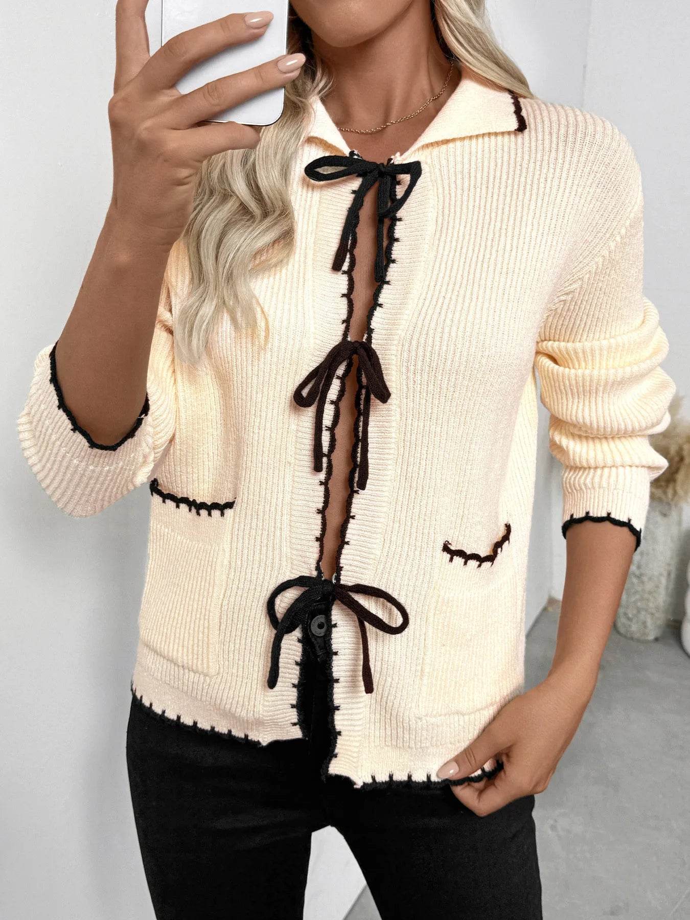 Tie Front Long Sleeve Cardigan - ELY VESSA LLC