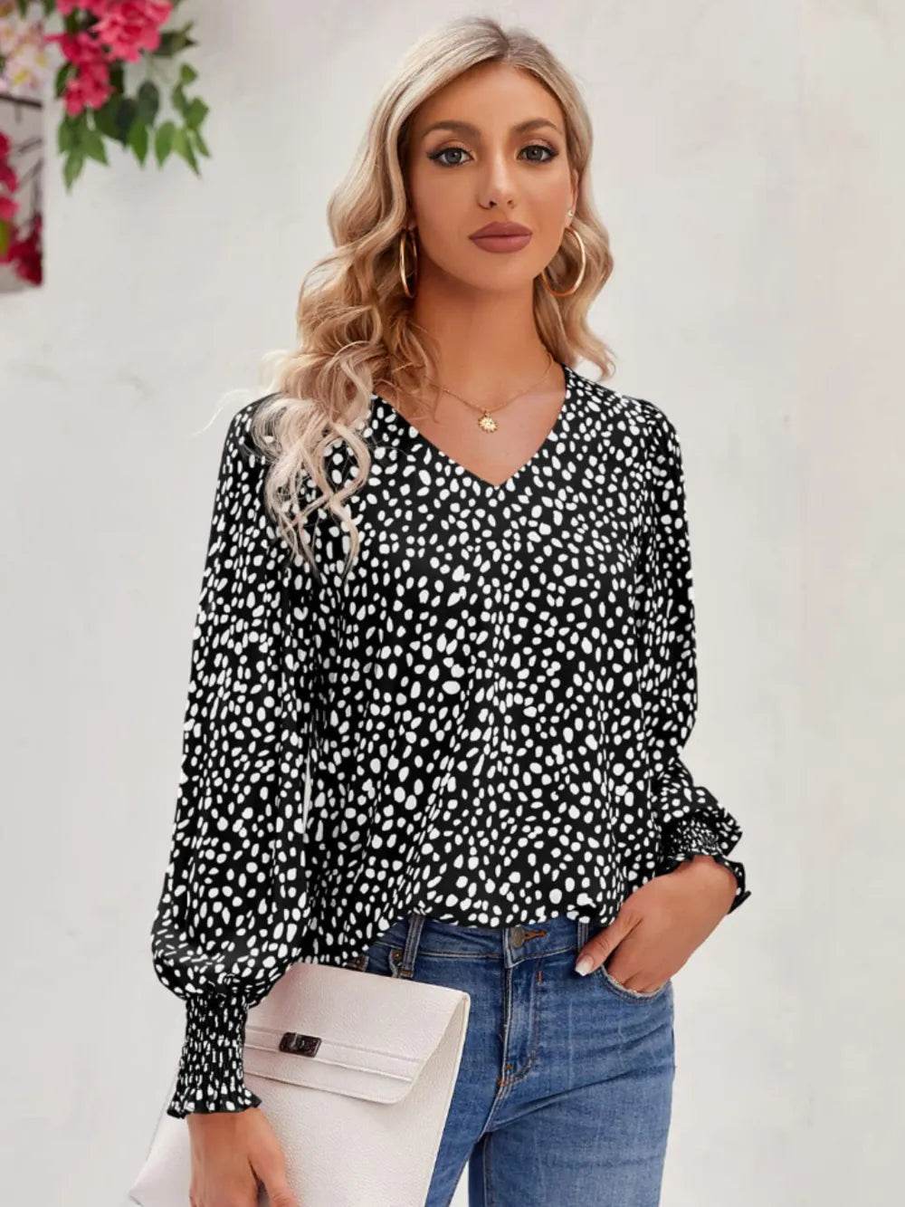 Printed V-Neck Lantern Sleeve Blouse - ELY VESSA LLC