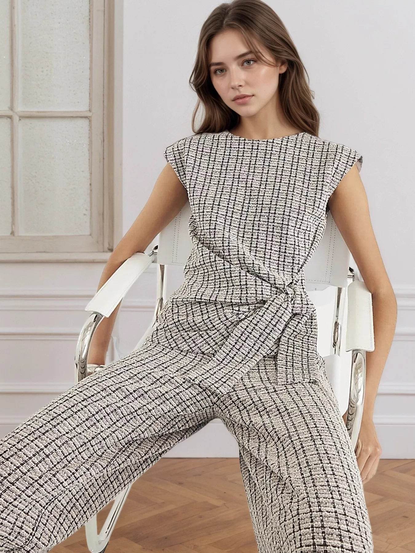 Tied Round Neck Top and Pants Set - ELY VESSA LLC