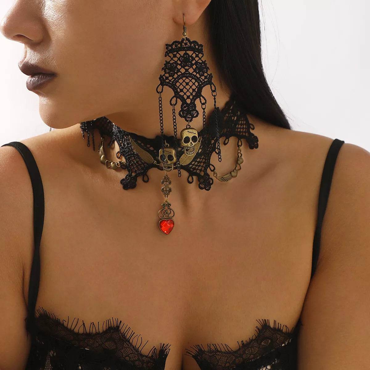 Halloween Lace Skull Necklace and Earrings Jewelry Set - ELY VESSA LLC