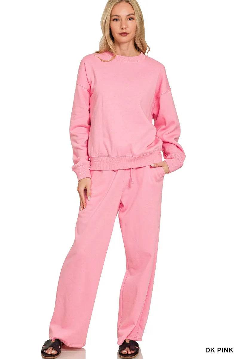 Zenana Fleece Long Sleeve Top and Sweatpants Set - ELY VESSA LLC