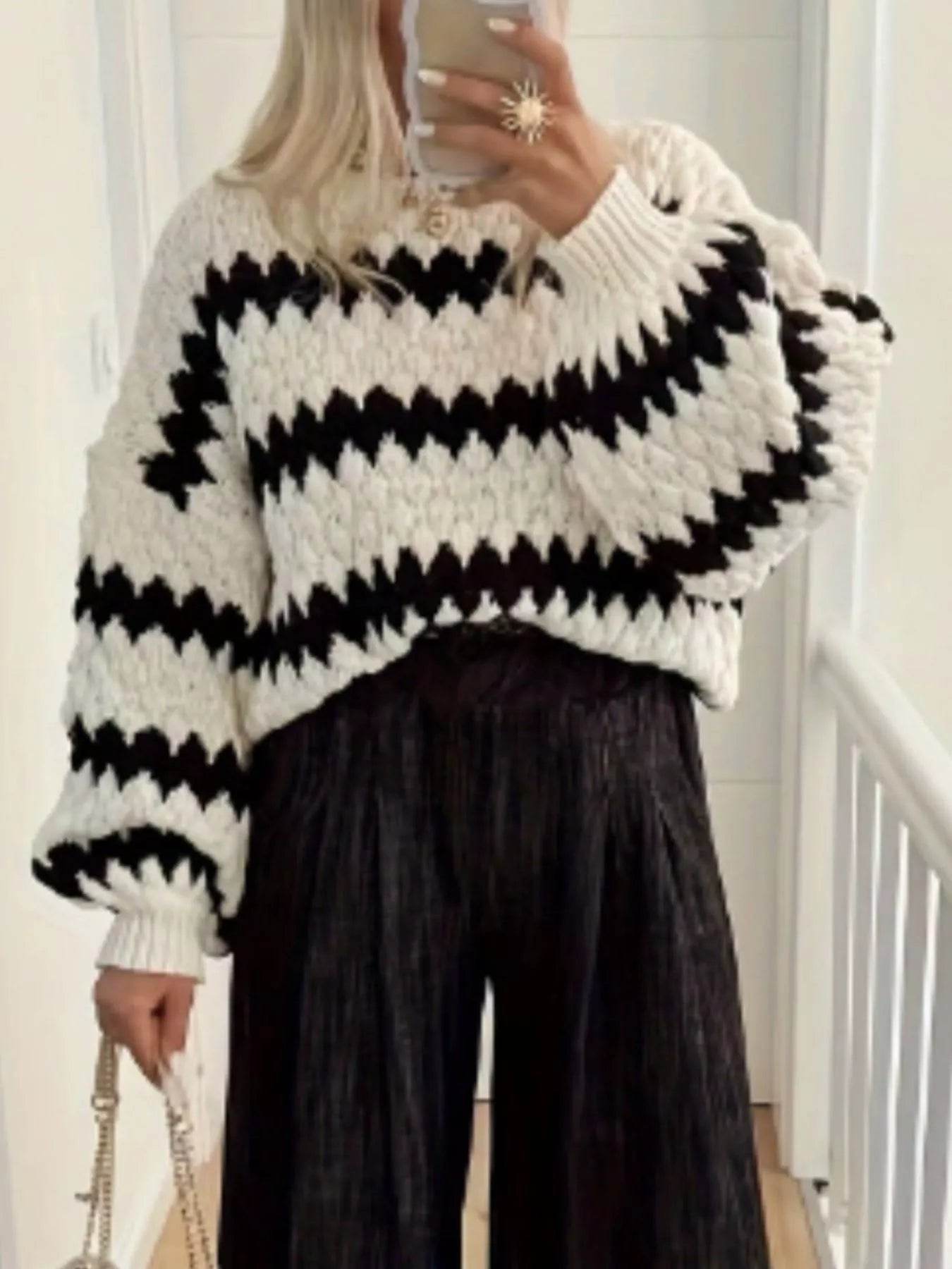 Striped Round Neck Dropped Shoulder Sweater - ELY VESSA LLC