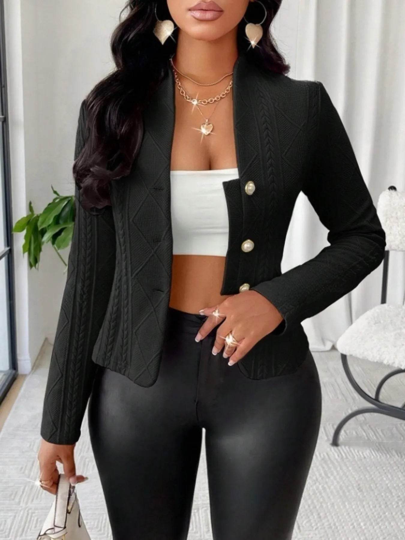 Textured Button Up Long Sleeve Jacket - ELY VESSA LLC