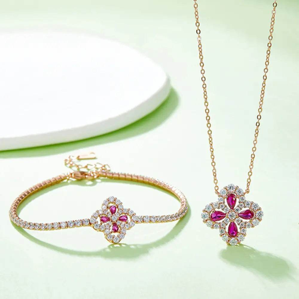 Lab-Grown Ruby 925 Sterling Silver Flower Shape Necklace - ELY VESSA LLC