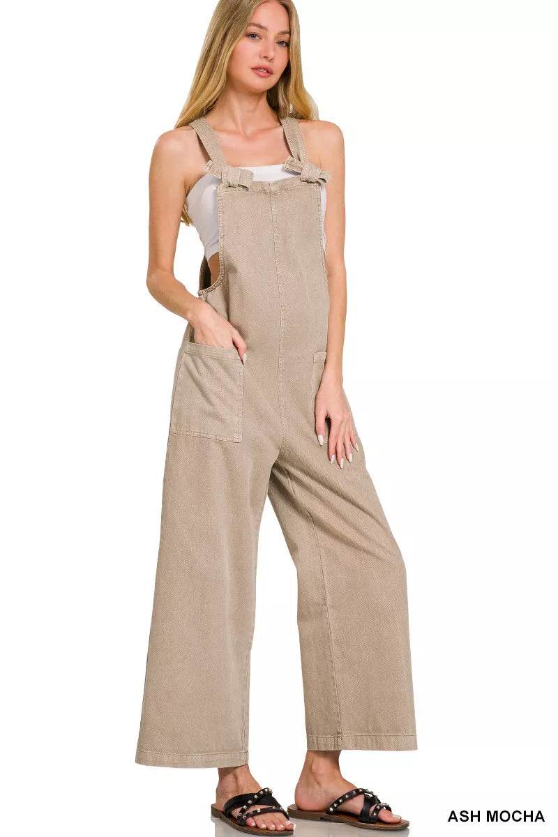 Zenana Washed Knot Strap Pockets Jumpsuit - ELY VESSA LLC
