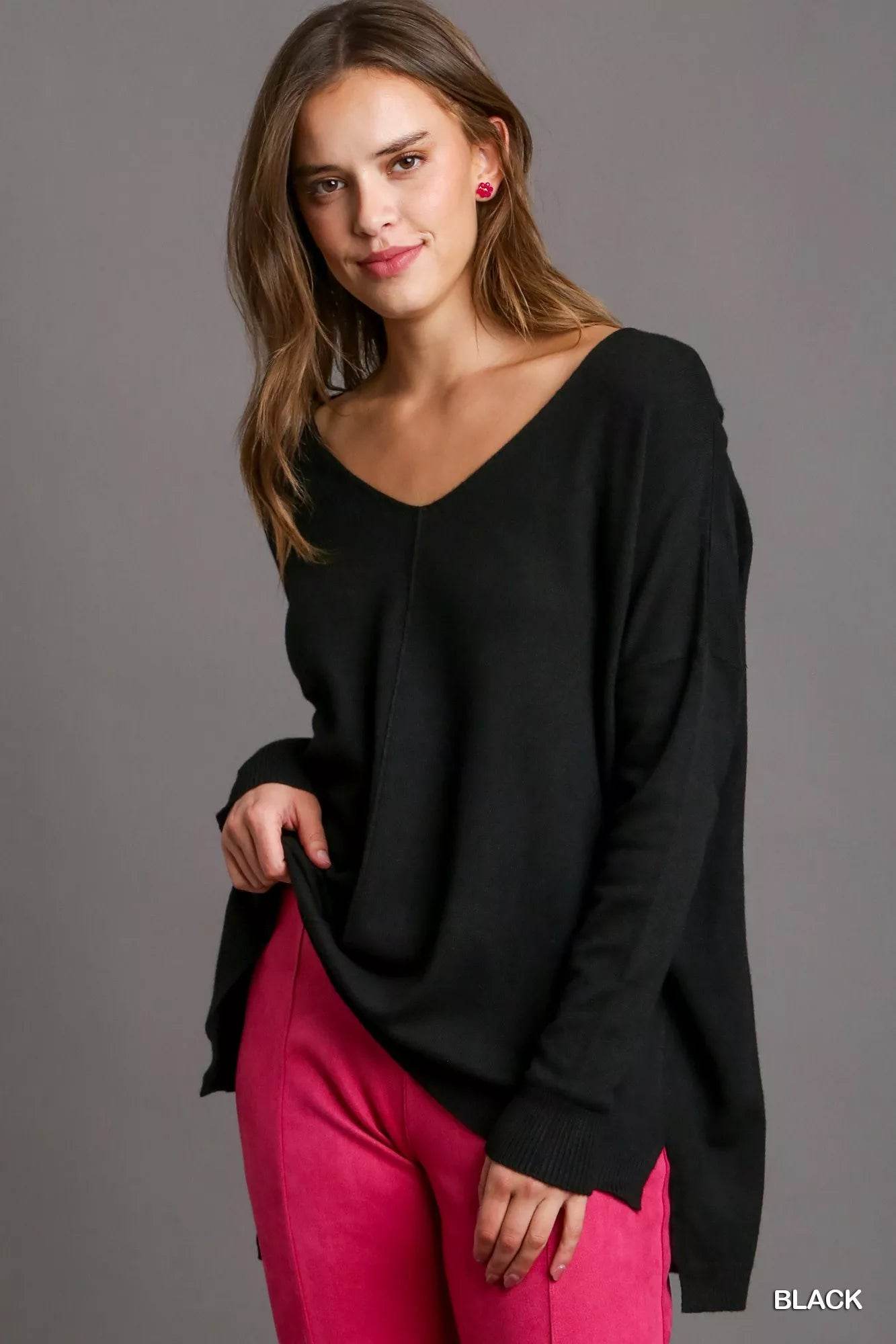 Umgee V-Neck High Low Hem Knit Top with Side Slit - ELY VESSA LLC