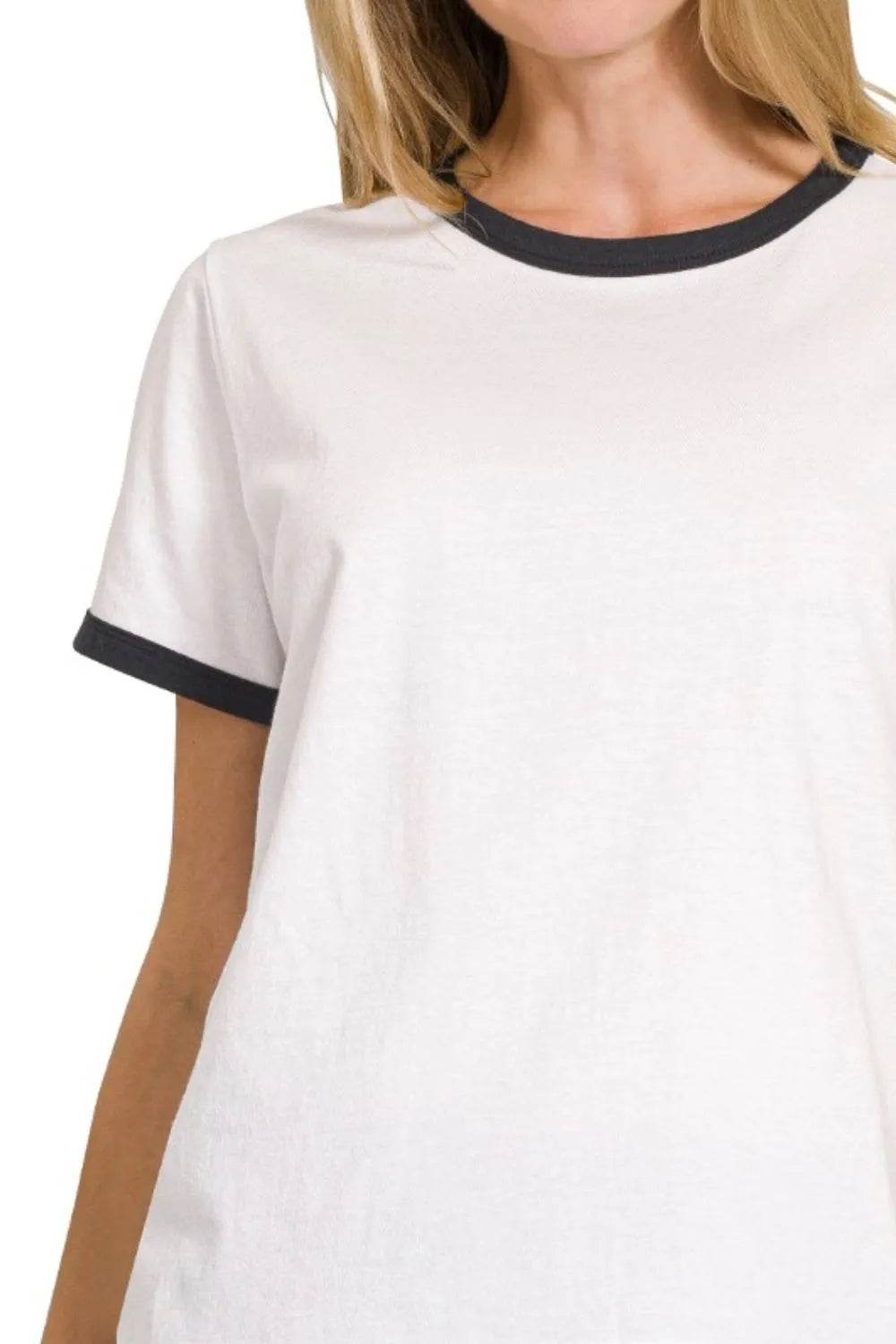 Zenana Contrast Binding Short Sleeve Tee Shirts - ELY VESSA LLC