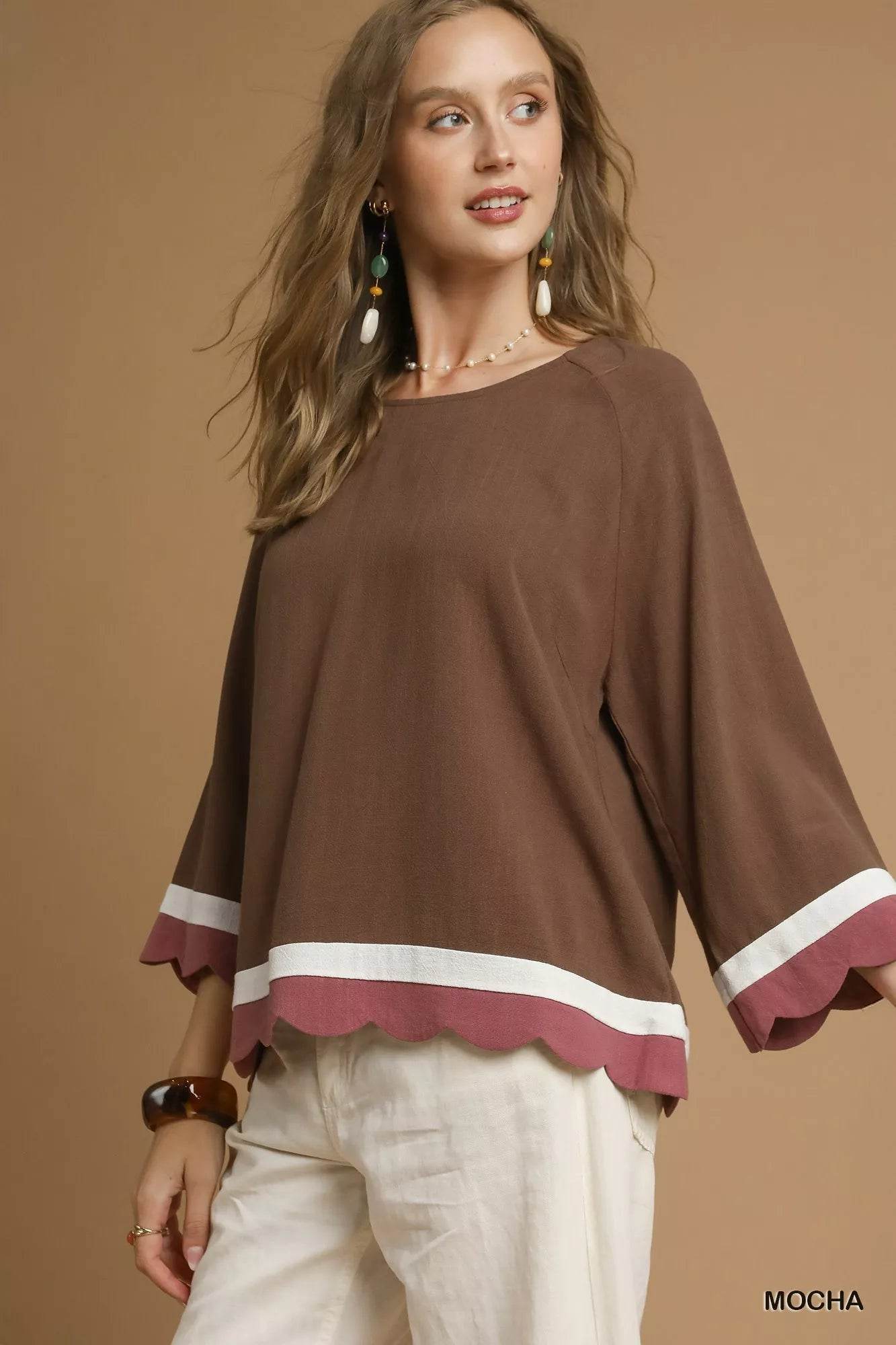 Umgee Scalloped Hem Color Block Top - ELY VESSA LLC
