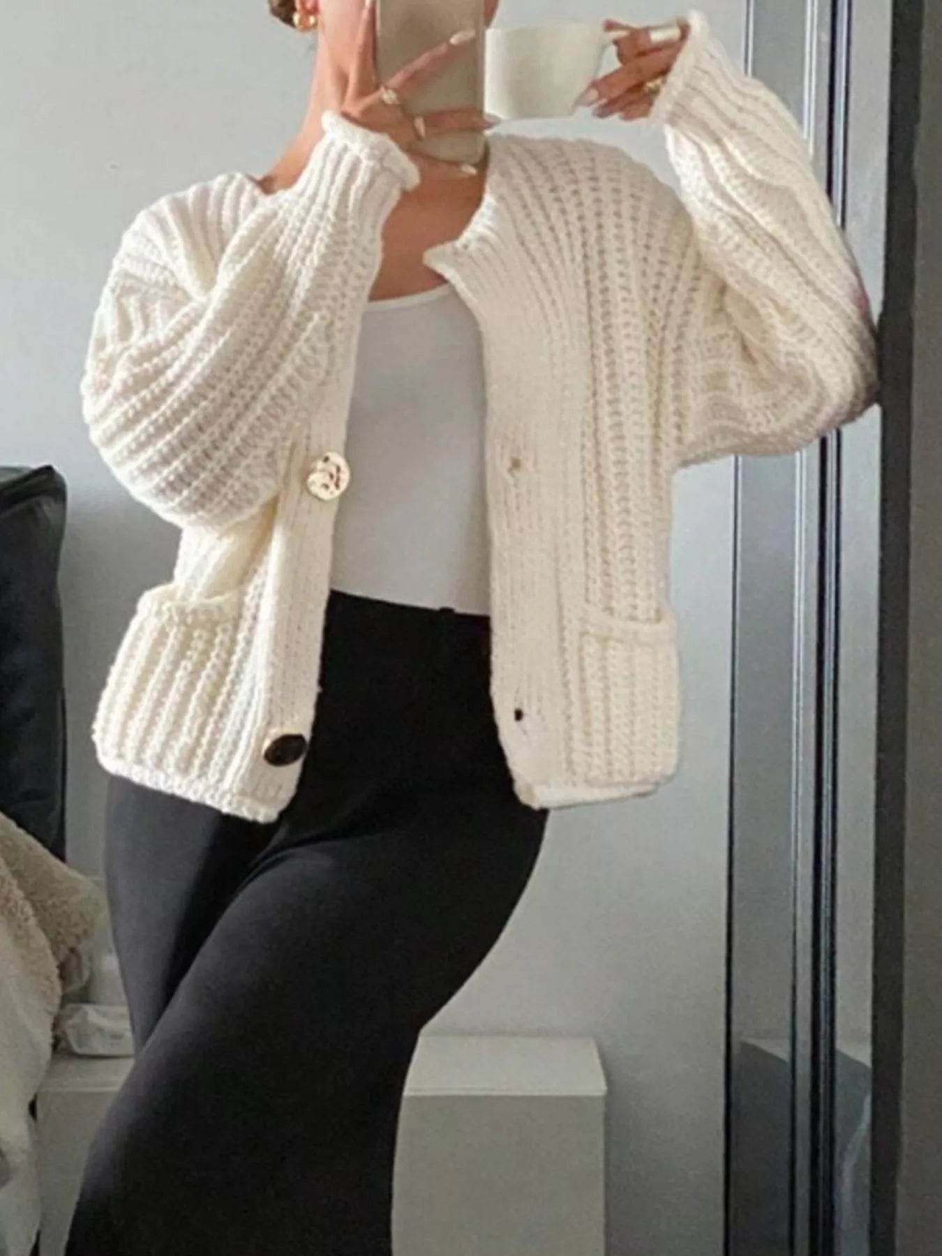 Button Up Dropped Shoulder Cardigan - ELY VESSA LLC