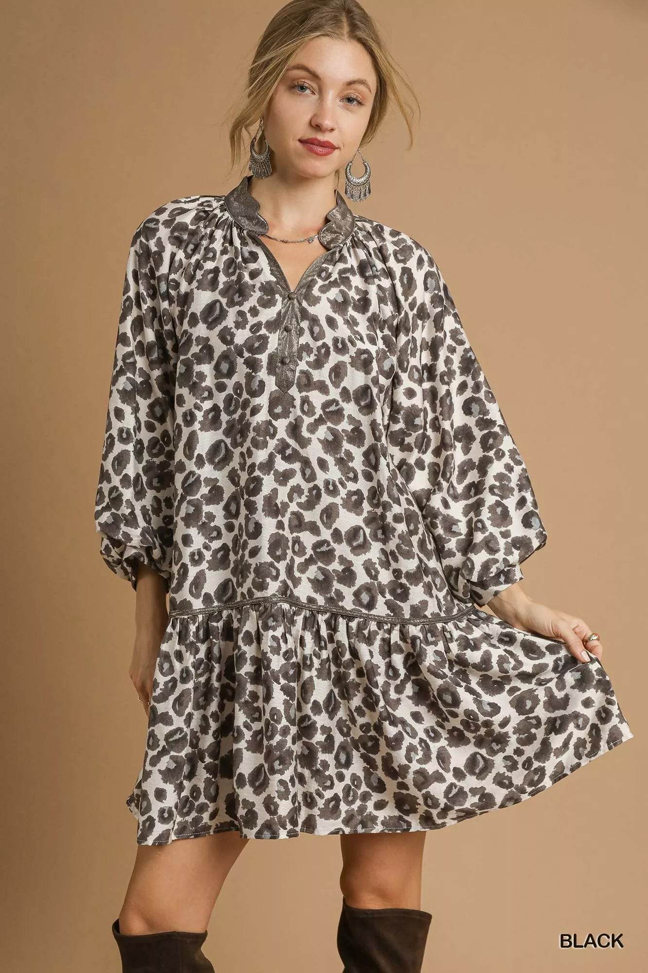 Umgee Leopard Print Tiered Mini Dress - ELY VESSA LLC