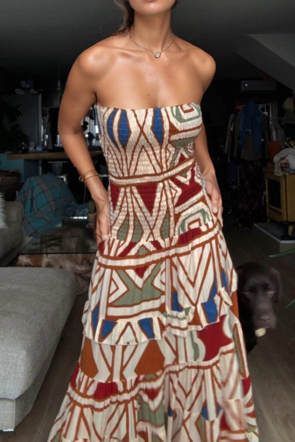 Smocked Printed Tube Dress - ELY VESSA LLC