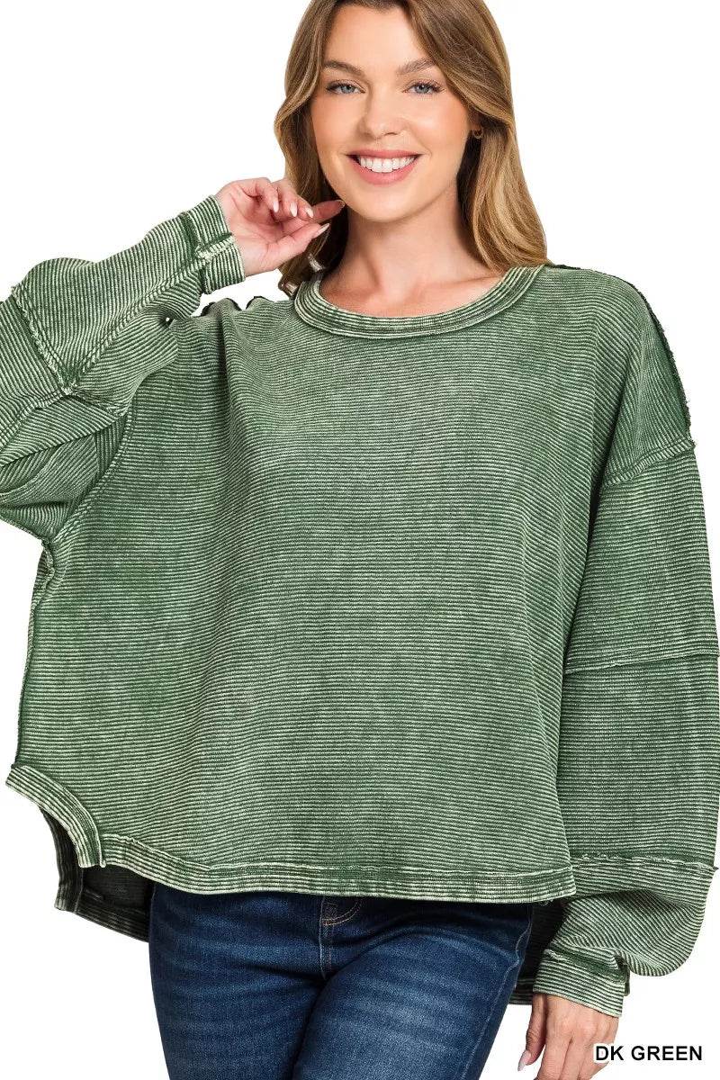 Zenana Acid Washed Exposed-Seam Sweatshirt - ELY VESSA LLC