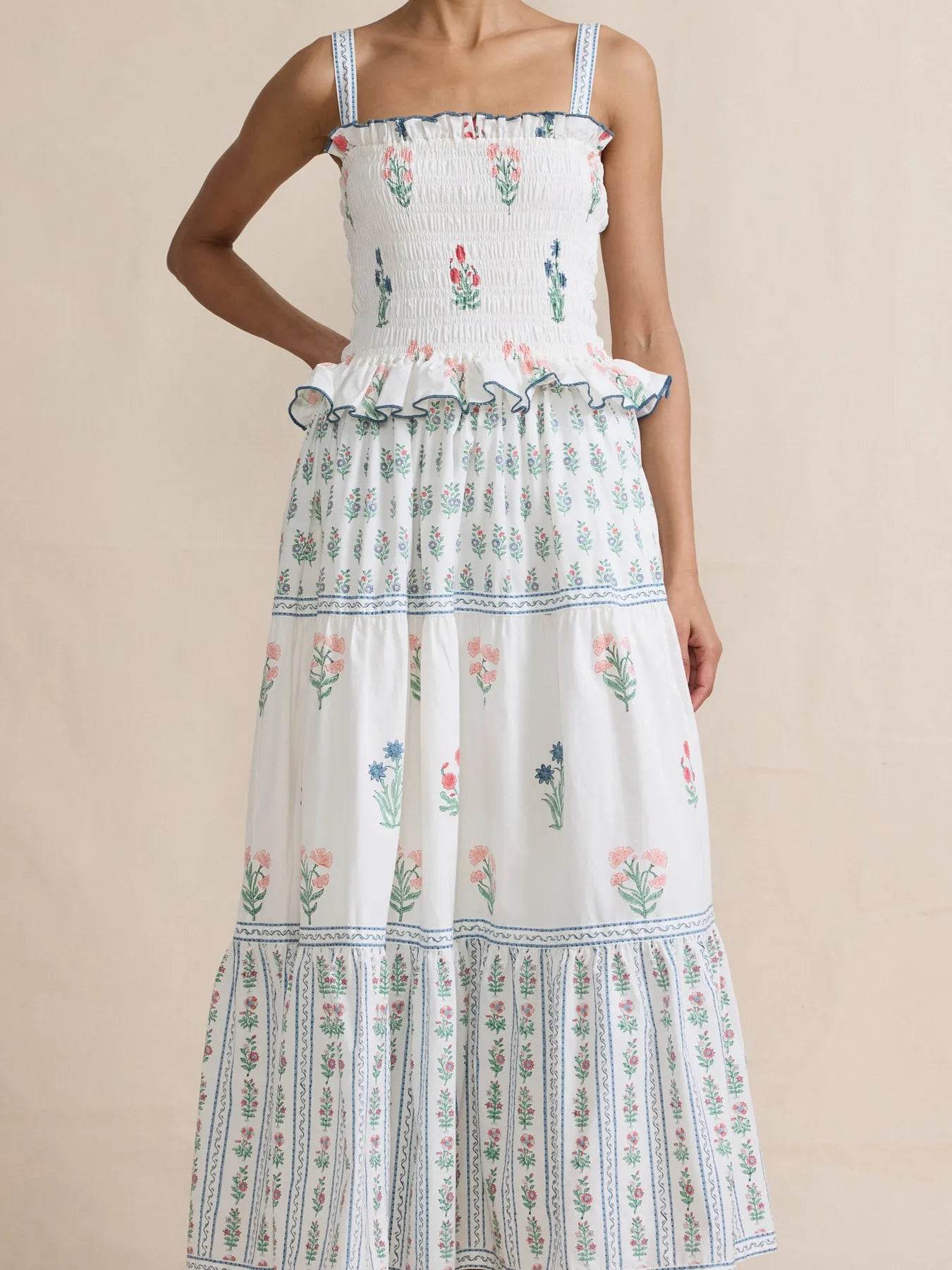 Bohemian Floral Print Smocked Tiered Maxi Dress - ELY VESSA LLC