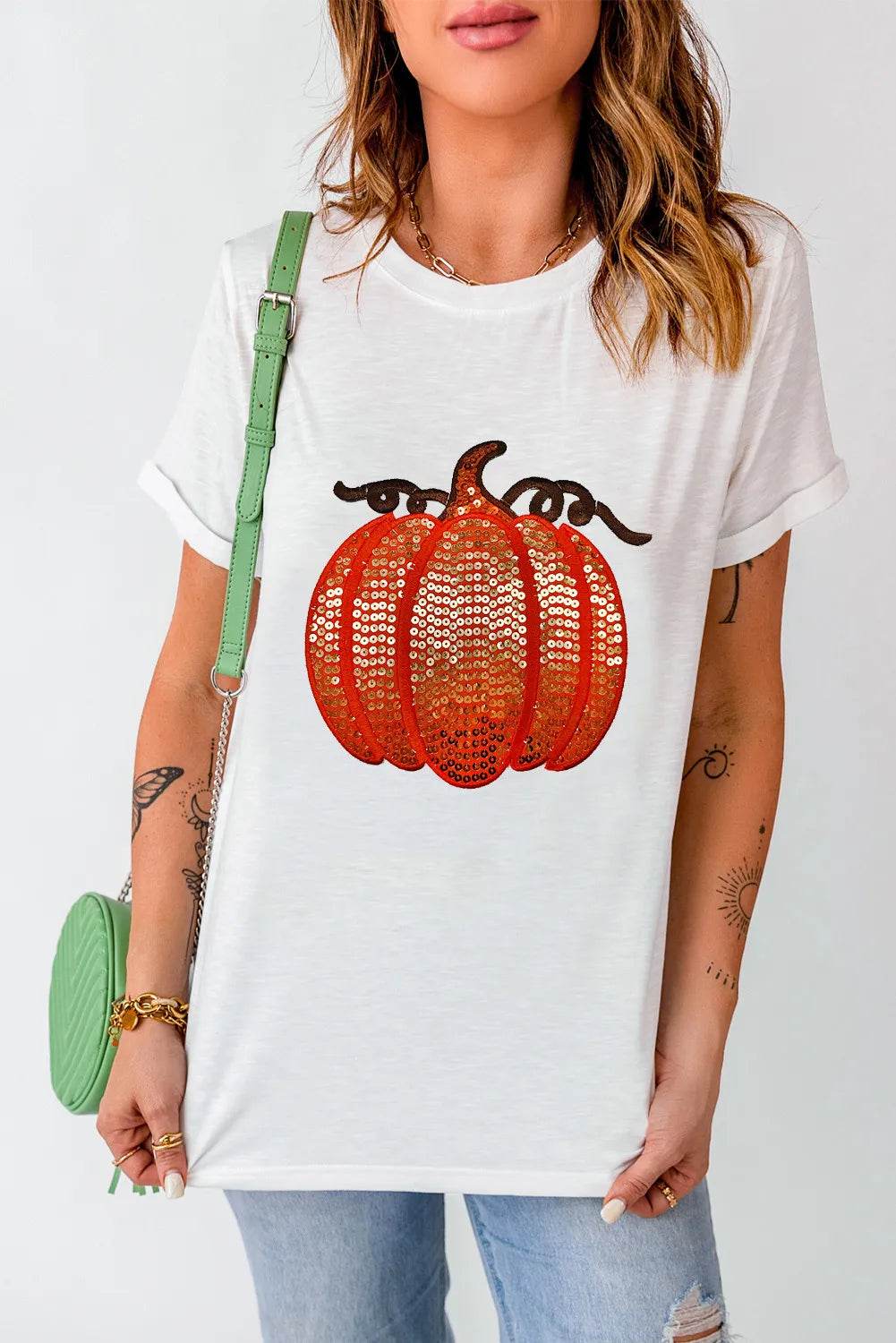Full Size Sequin Pumpkin Round Neck Short Sleeve T-Shirt - ELY VESSA LLC