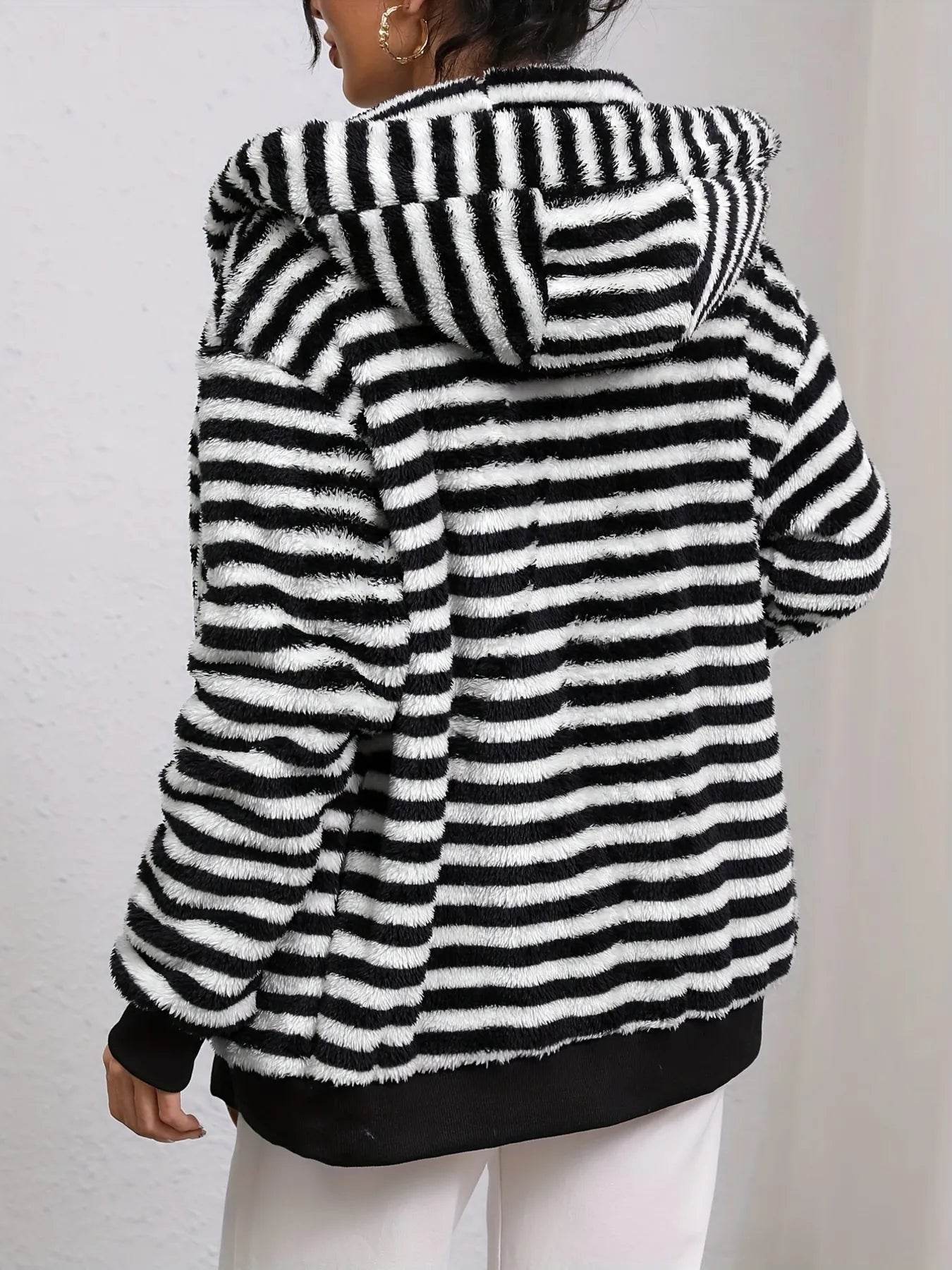 Striped Fuzzy Zip Up Hooded Outerwear - ELY VESSA LLC