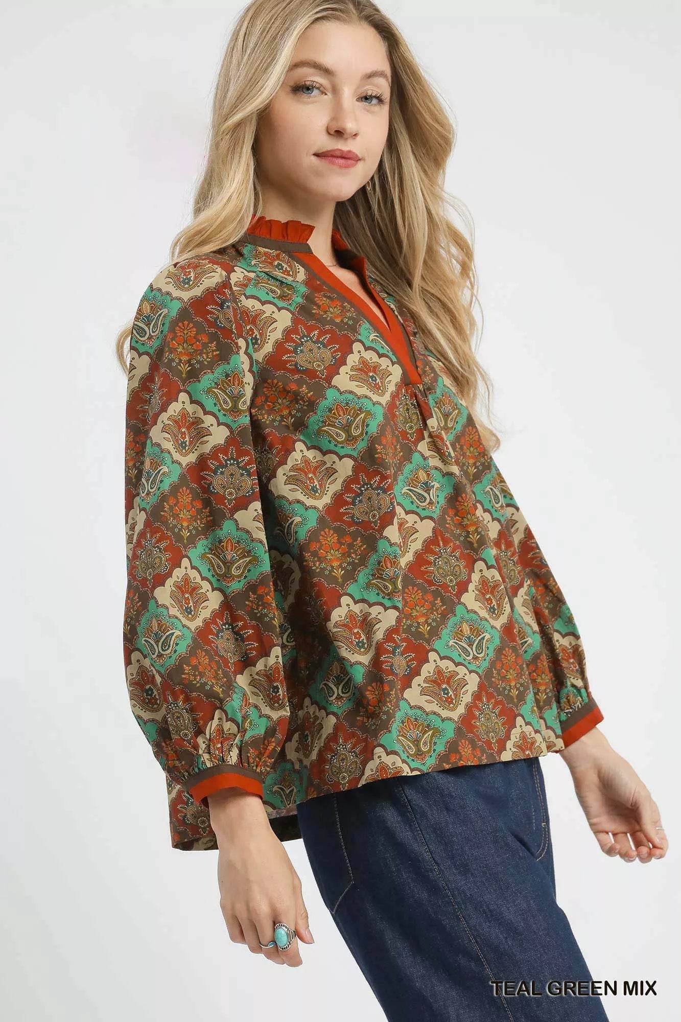 Umgee Abstract Print Ruffle Neck Top - ELY VESSA LLC
