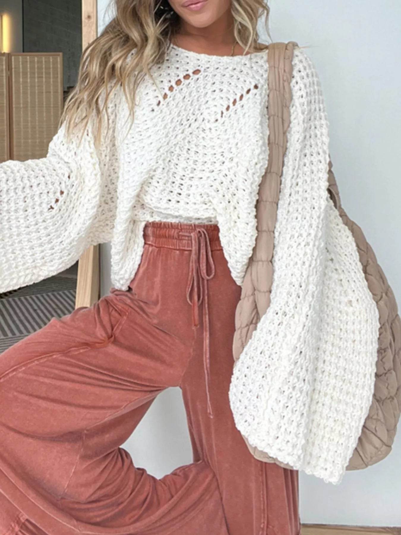 Openwork Batwing Sleeve Sweater - ELY VESSA LLC