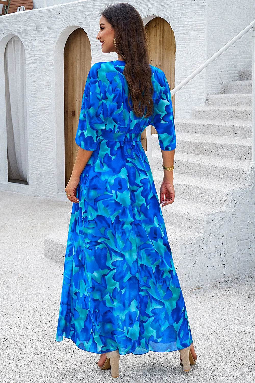 Devine Printed Tied Half Sleeve Slit Dress - ELY VESSA LLC