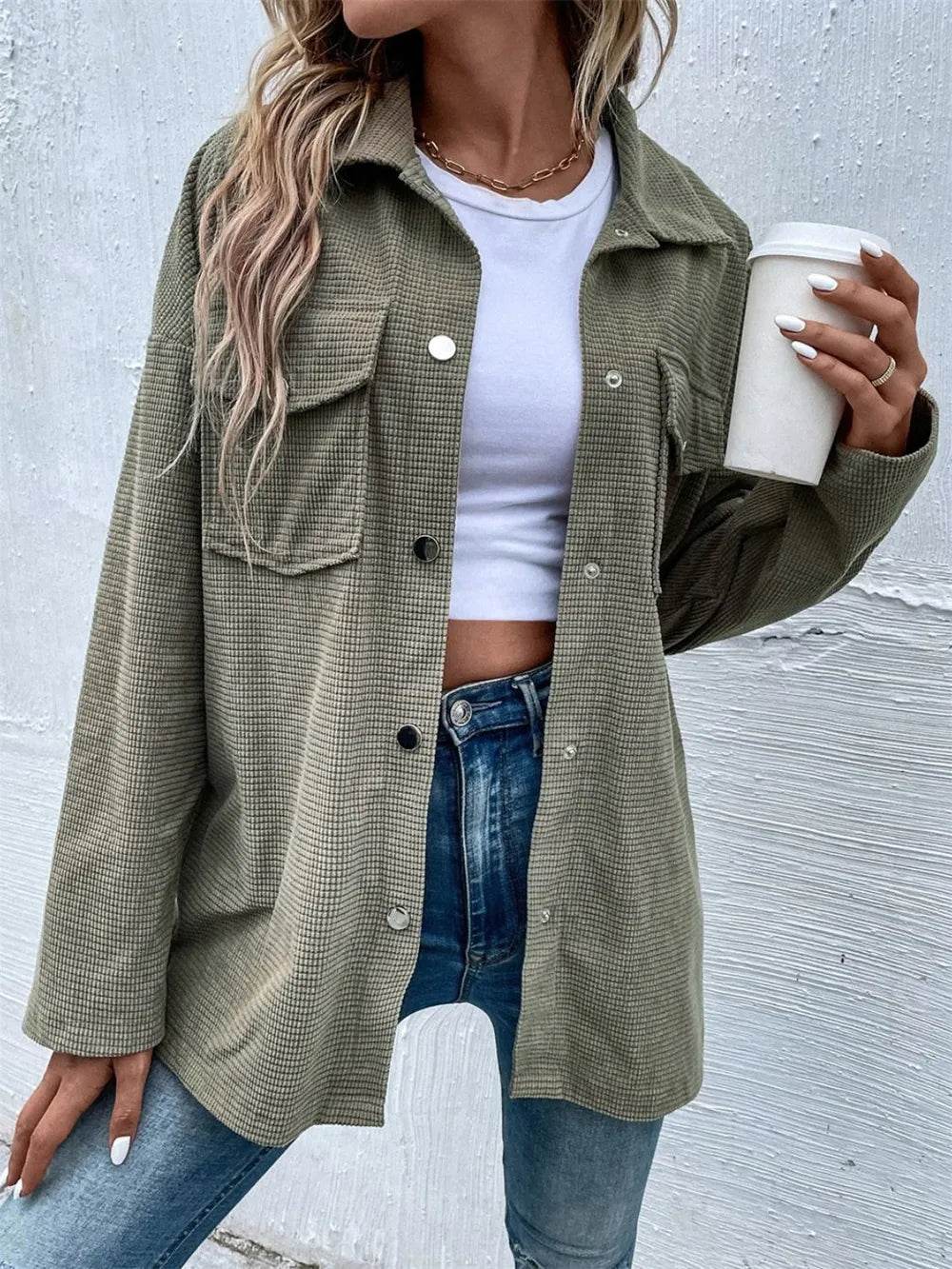 Snap Down Collared Neck Drop Shoulder Jacket - ELY VESSA LLC