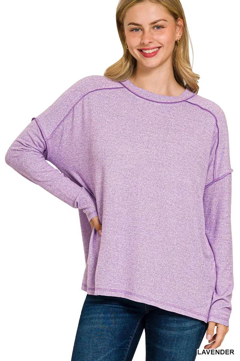 Zenana Full Size Melange Hacci Exposed Seam Hi-low Tee Plus Size - ELY VESSA LLC
