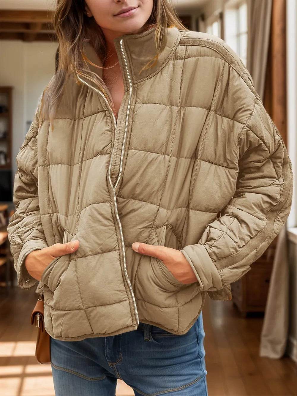 Pocketed Plaid Quilted Zip Up Winter Coat - ELY VESSA LLC