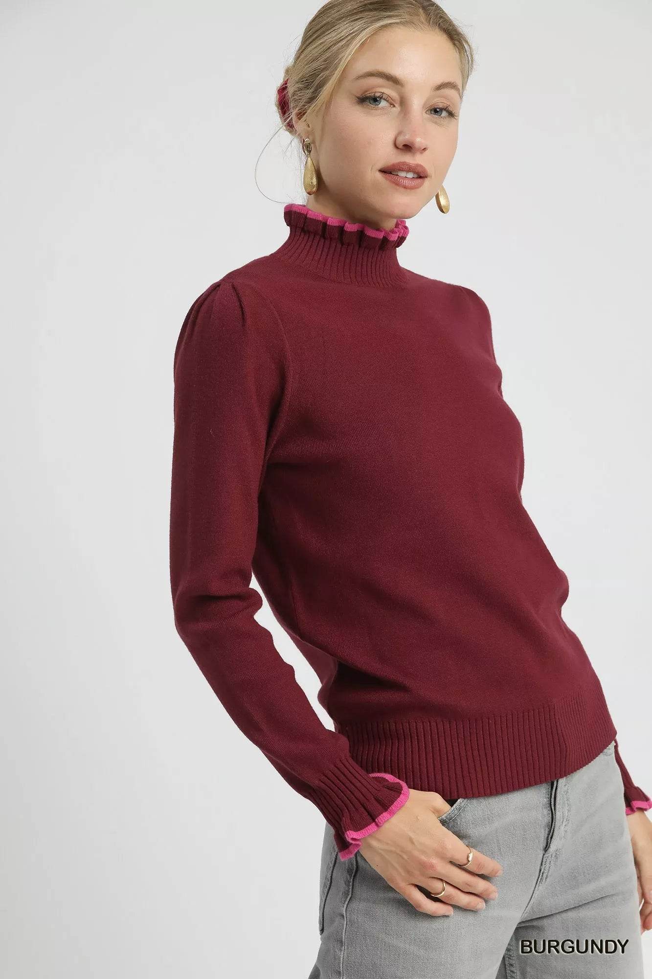 Umgee Ribbed Round Neck Sweater with Ruffle Contrast Trim - ELY VESSA LLC