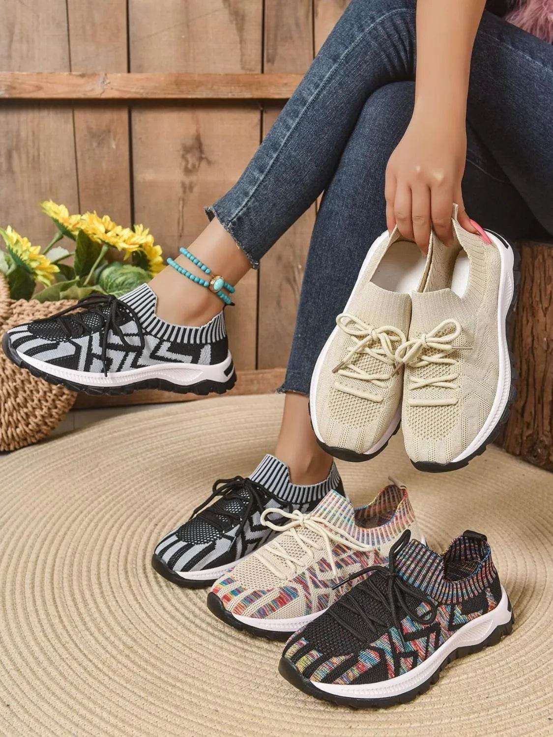 Mesh Knit Lace Up Athletic - ELY VESSA LLC