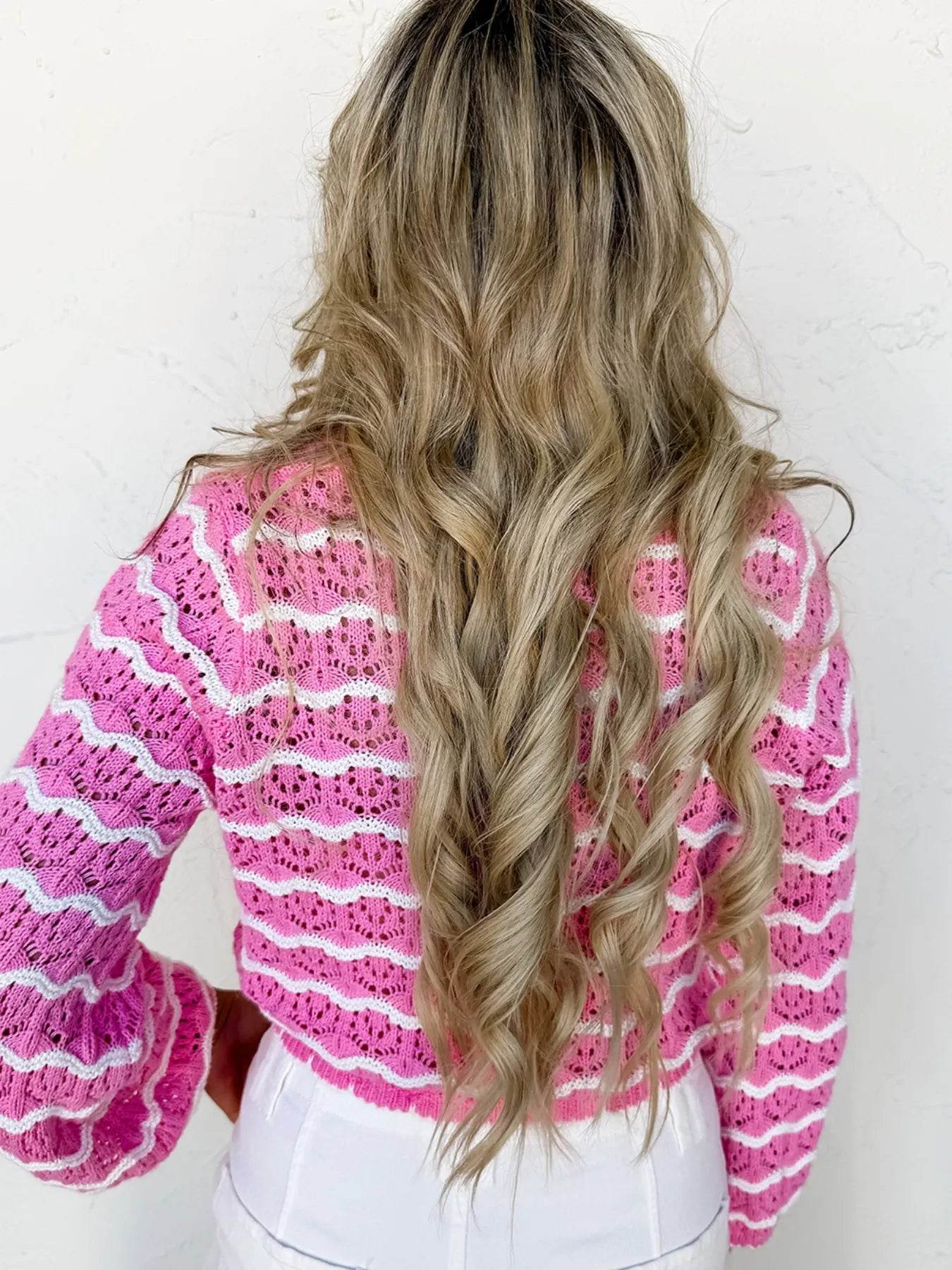 Striped Crochet Tie-Front Cardigan - ELY VESSA LLC