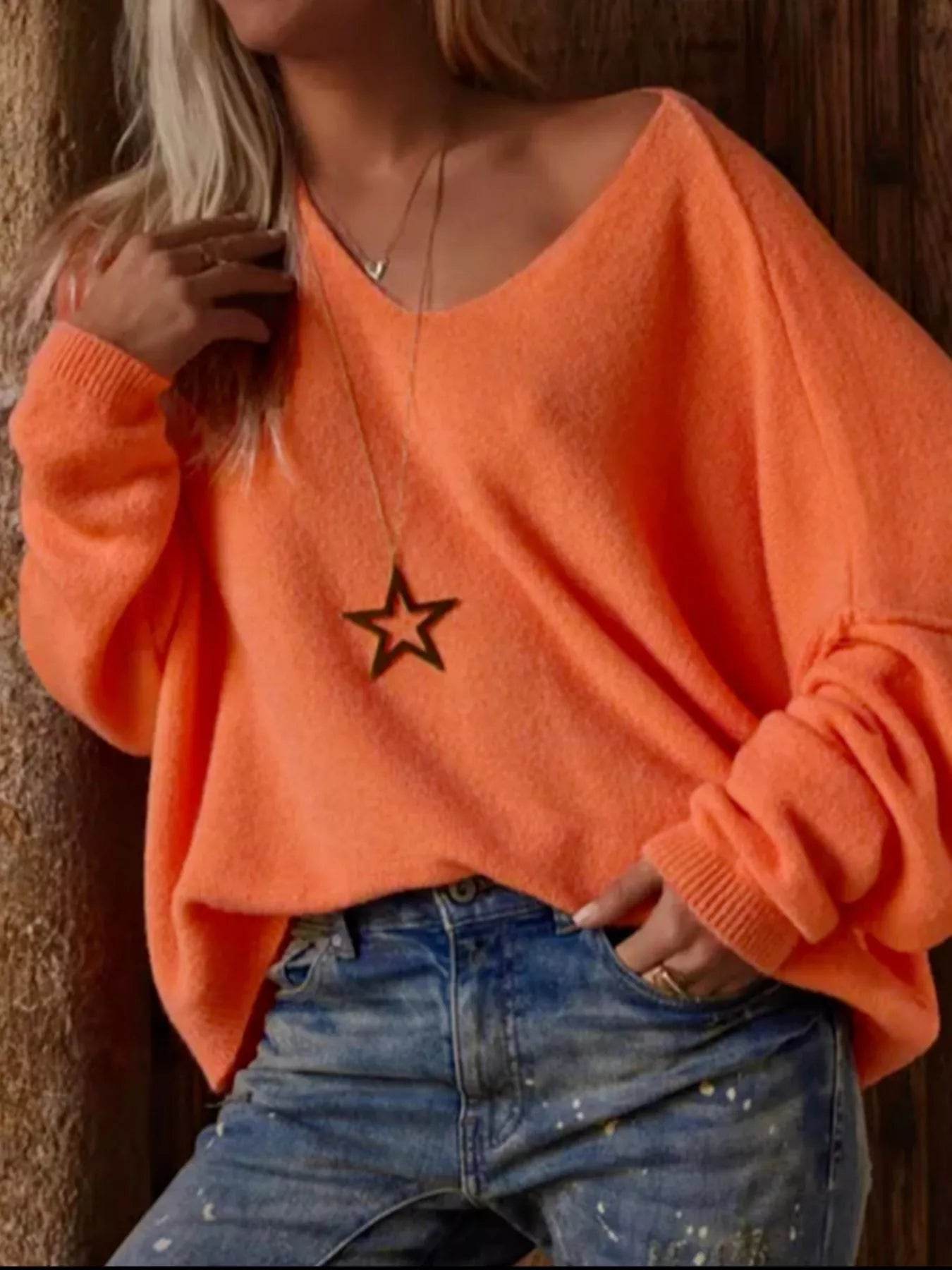 V-Neck Dropped Shoulder Sweater - ELY VESSA LLC