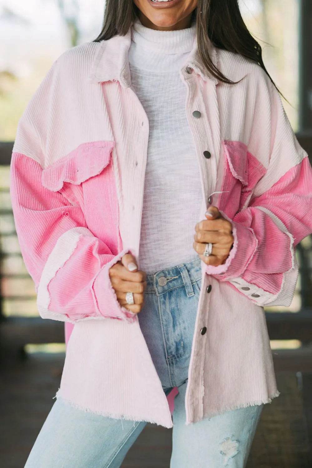 Two-tone Color Exposed Seam Corduroy Shacket - ELY VESSA LLC